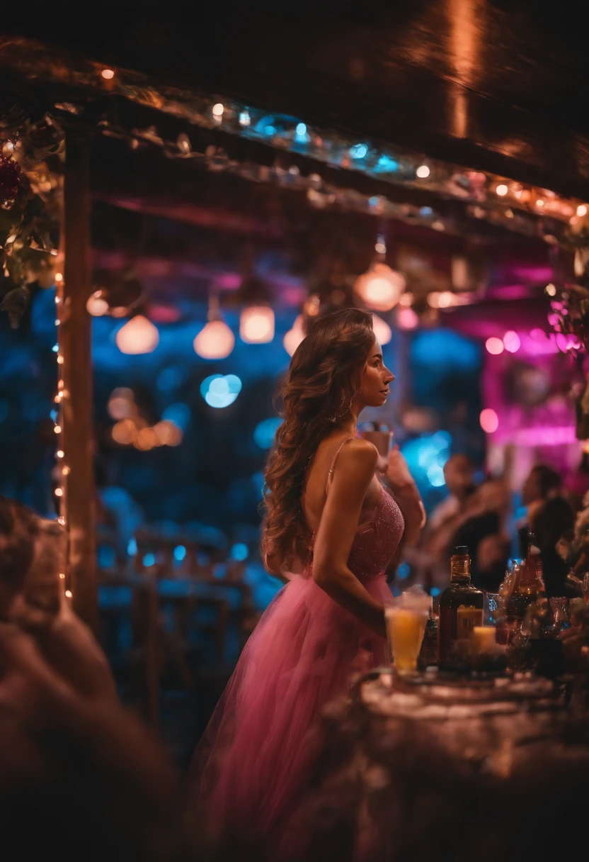 (8k、Fotografia RAW、qualidade superior、obra prima:1.2)、(realisitic、Fotorrealista:1.37)、(ultra-detalhada)、drinks de bebidas nortuna, com tons de leds azuis e rosa, people dancing in a gigantic venue with universe in the background, muito realismo com a natureza iluminado por neon futurista, Com Miami Vice Colors, Neon pink and blue drinks in beautiful night in the galaxy