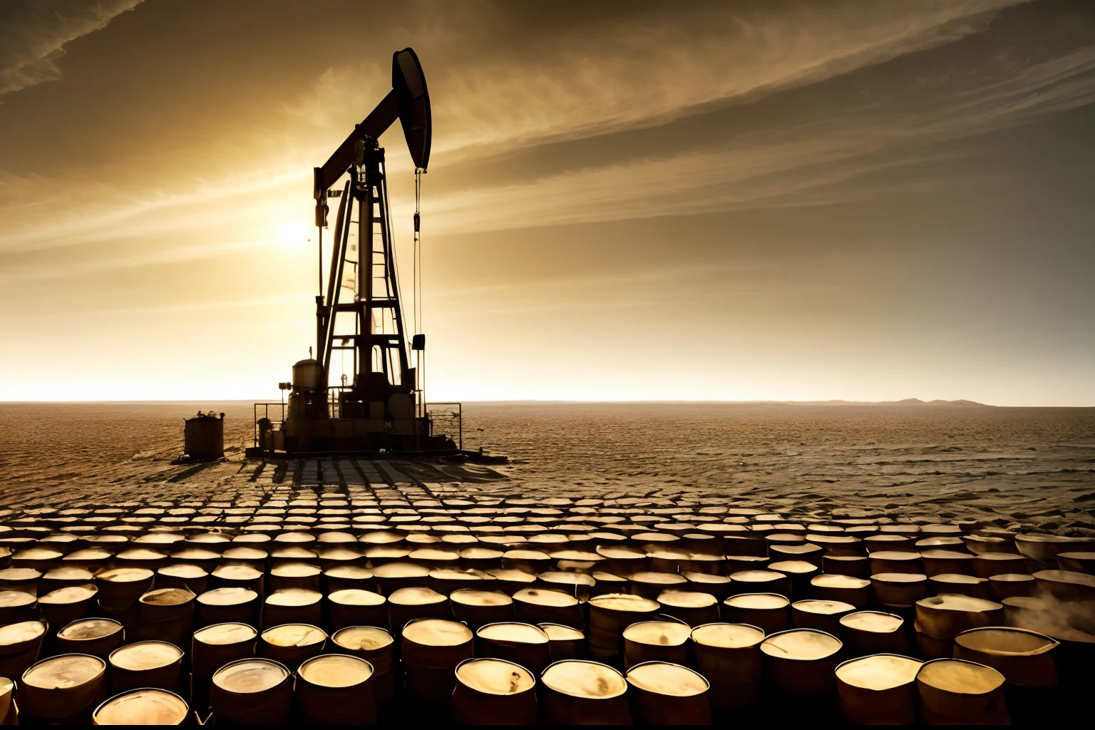 Oil well in the middle of a desert with barrels, oilfield scene, Oil dereks on the horizon, Oil Platform, Reflection on the oil, grosseiro, oily substances, oil like flowing, intricate oil sweeps, dripping oil, oil lines, O melhor no Adobe Stock, imagem impressionante, oil spills, Imagem absolutamente excepcional, oils, energia a gasolina, bela foto