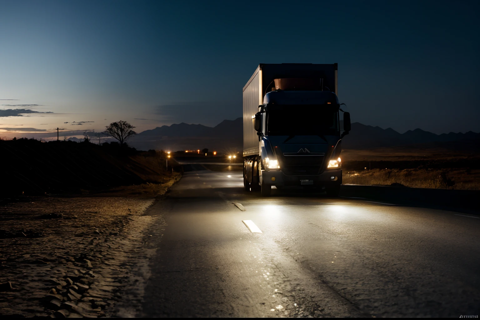 Araf truck driving down a road at night with headlights on, Noite - Hora, Noturno, durante a noite, in the nighttime, night time, cena noturna, durante a noite, photo taken at night, Truck, night time render, crisp smooth lines, preciso e detalhado, at night time, ambient lighting at night, at night, luz baixa noturna