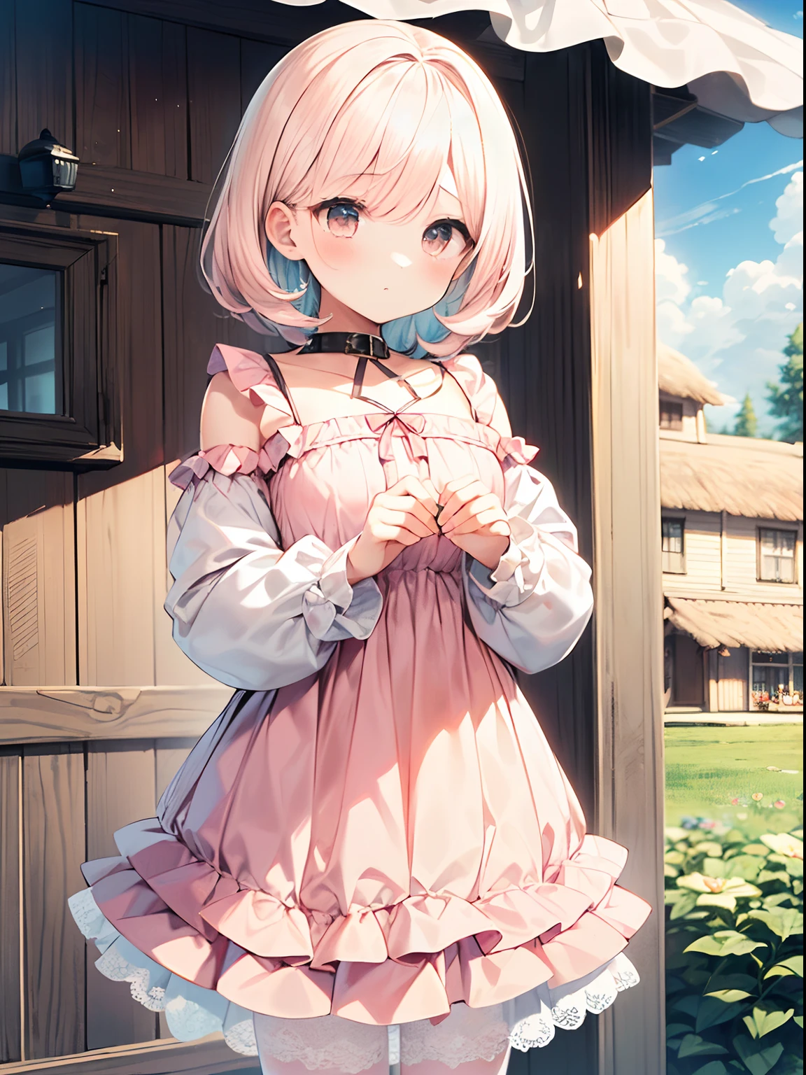 best quality, masterpiece, absurdres, highres, (1girl:1.6), (short shaggy perm hair:1.6), (light pink hair:1.5), fancy, best hands, perfect hands, break fancy, fancy, fancy, (flower effect:1.2), (cowboy shot:1.4), (perfect anatomy:1.3), white lace, (closed collar long-sleeved blouse:1.2) with frilled and ribbon, a volumey pannier under an (aesthetic cottage-core Renaissance long dress:1.6) with (lots of layered frills:1.2) and stripes, (lace ruffle socks:1.2), platform shoes