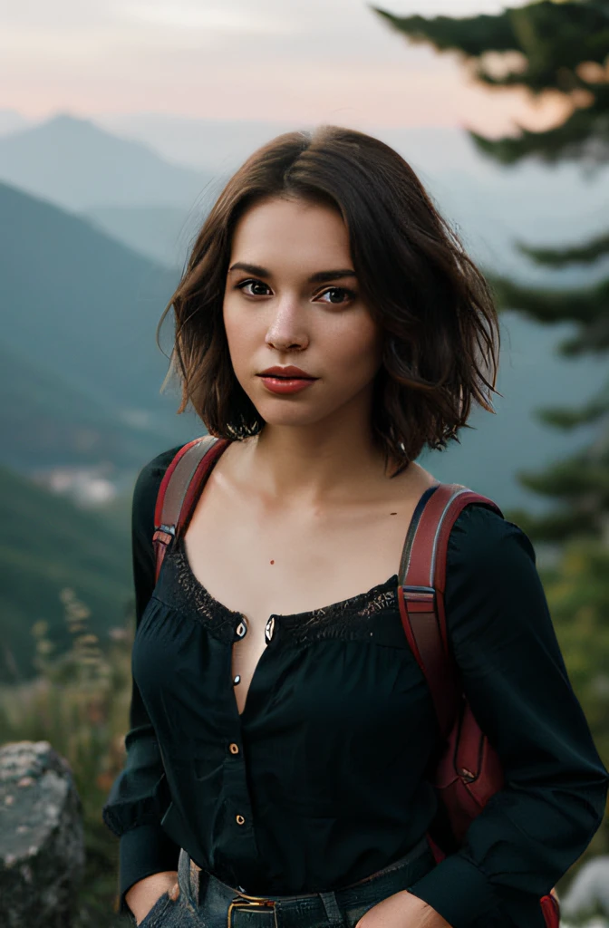 Masterpiece, (cinematic lighting:1.1), [portrait], photo (full body) (American flat), attractive 25-year-old, Medium layered bob hairstyle, dark brown hair, (beautiful face: 1.1), (medium breasts: 1.0), (firm body: 1.2), (short hair: 1.2), , [gothic makeup], pouting seductively, high frequency details, dramatic, photographed on a Canon EOS R5, 85mm f/1.2 cine lens, sharp focus, (highly detailed, intricately detailed), (Cinestill 800T:0.9), hiking up a mountain with a backpack,