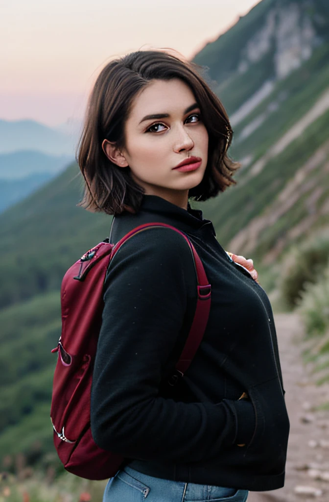 Masterpiece, (cinematic lighting:1.1), [portrait], photo (full body) (American flat), attractive 25-year-old, Medium layered bob hairstyle, dark brown hair, (beautiful face: 1.1), (medium breasts: 1.0), (firm body: 1.2), (short hair: 1.2), , [gothic makeup], pouting seductively, high frequency details, dramatic, photographed on a Canon EOS R5, 85mm f/1.2 cine lens, sharp focus, (highly detailed, intricately detailed), (Cinestill 800T:0.9), hiking up a mountain with a backpack,