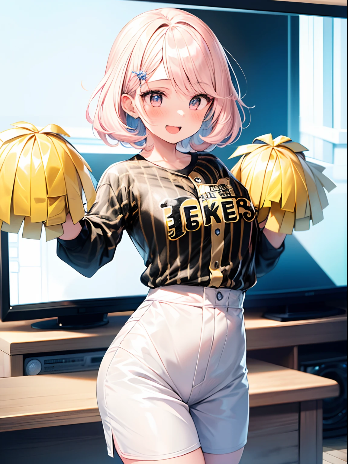 best quality, masterpiece, absurdres, highres, (1girl:1.6), (short shaggy perm hair:1.6), (light pink hair:1.5), (wearing the black vertical striped shirt:1.5), (flower effects:1.2), (cowboy shot:1.4), break (In front of a TV at home,:1.4) BREAK (a girl is enthusiastically cheering for the Hanshin Tigers:1.6). Her eyes are fixed on the screen, filled with excitement and tension. BREAK The room feels as if it's filled with the heat of the game.