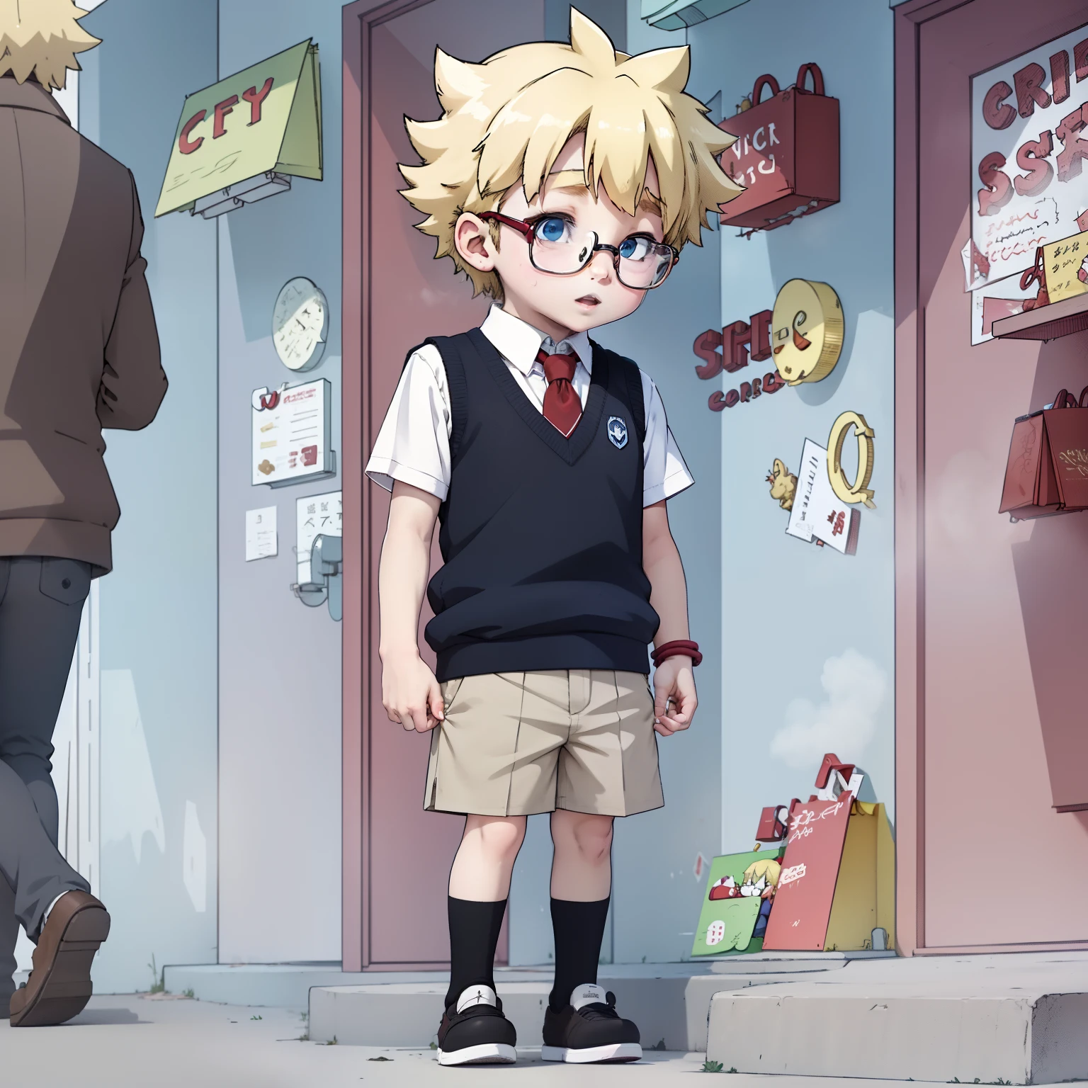 master piece, best quality, , 1st year, alonlonde hair, blue eyes, glasses, collared shirt, white shirt, Red sweater vest, tie, short sleeves, full body, city, Looking at Viewer, anime style