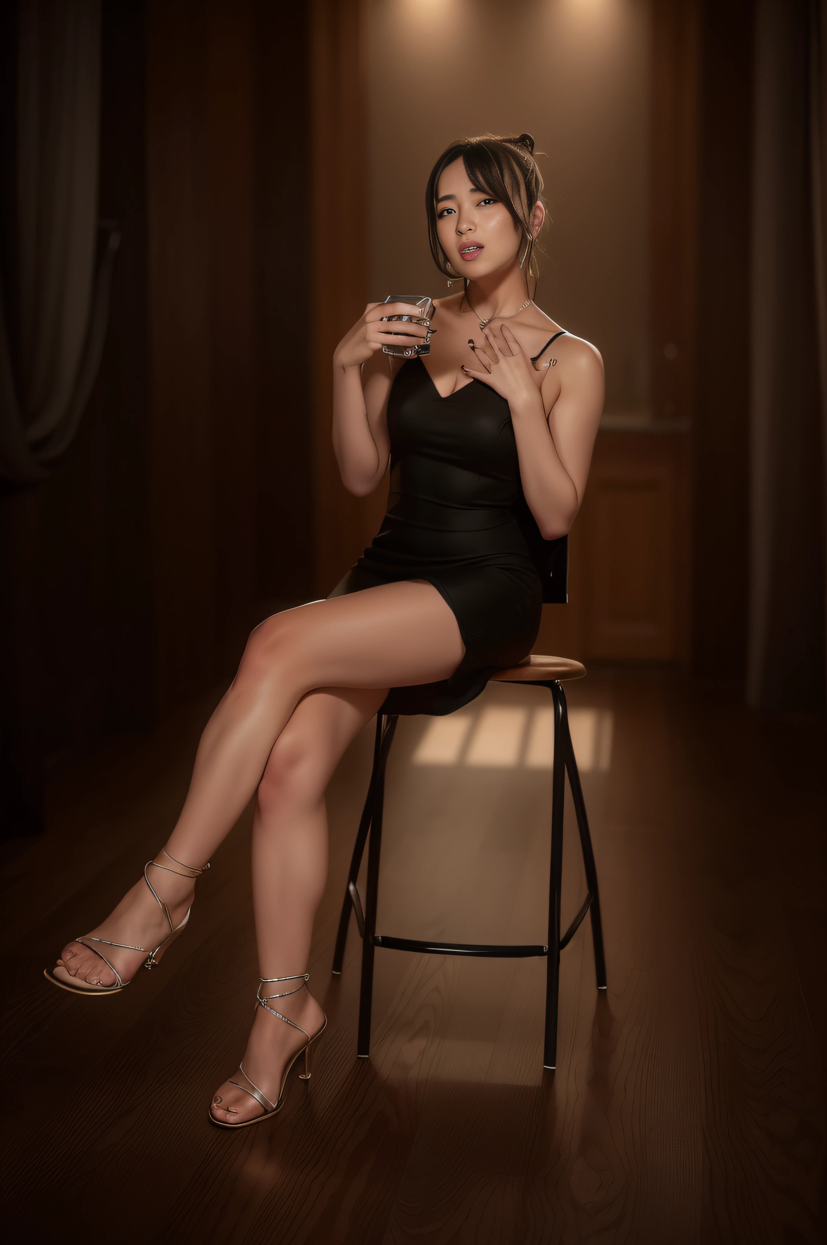 araffe woman in a black dress sitting on a chair holding a glass, elegant seducing pose, digital art of an elegant, with photorealistic lighting, realistic afternoon lighting, 8 k sensual lighting, realistic soft lighting, cute elegant pose, epic and classy portrait, semi - realistic render, highly detailed soft lighting, elegant posed, stunning elegant pose, photorealistic artstyle