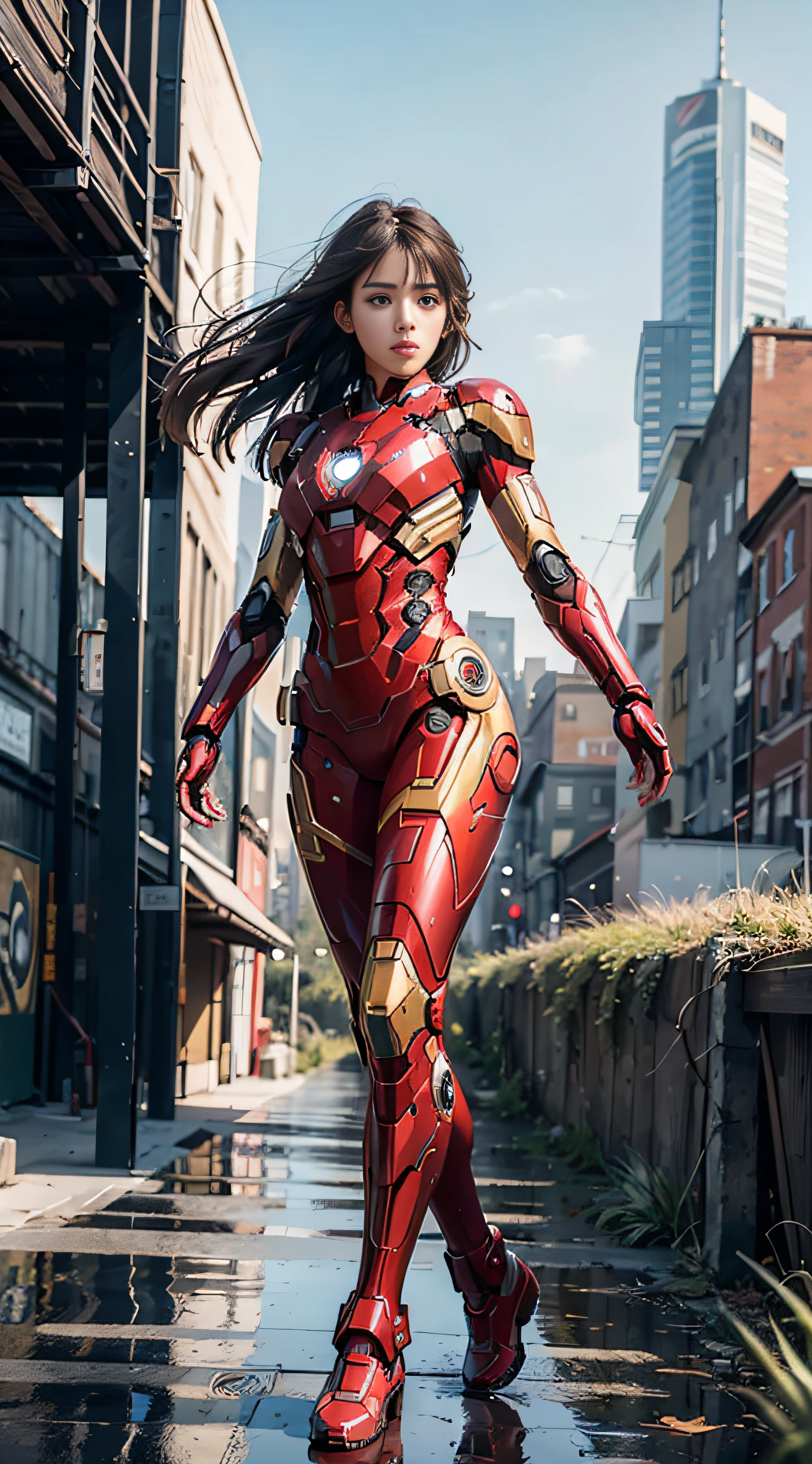 (1girl:1.3), solo,__body-parts__, official art, unity 8k wallpaper, ultra detailed, beautiful and aesthetic, beautiful, masterpiece, best quality, RAW, masterpiece, super fine photo,, best quality, super high Resolution, photorealistic, sunlight, full body portrait, stunningly beautiful,, dynamic pose, delicate face, vibrant eyes, (side view), she is wearing a futuristic Iron Man mech, red and gold, Highly detailed abandoned warehouse background, detailed face, detailed complex busy background, messy, gorgeous, milky, high detailed skin, realistic skin details, visible pores, sharp focus, volumetric fog, 8k uhd, dslr camera, High quality, film grain, fair skin, photorealism, lomography, sprawling metropolis in a futuristic dystopia, view from below, translucent