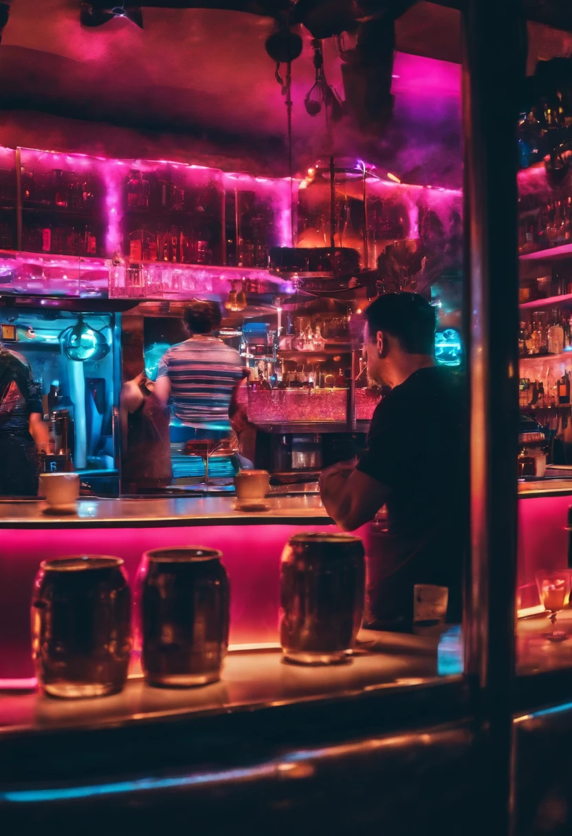 (8k、fotografia RAW、qualidade superior、obra prima:1.2)、(realisitic、fotorrealista:1.37)、(ultra-detalhada)、various drinks of evening drinks, com tons de leds azuis e rosa, people dancing in a gigantic place with universe in the background, muito realismo com a natureza iluminado por neon futurista, Com Miami Vice Cores, Neon pink and blue drinks in beautiful night in the galaxy