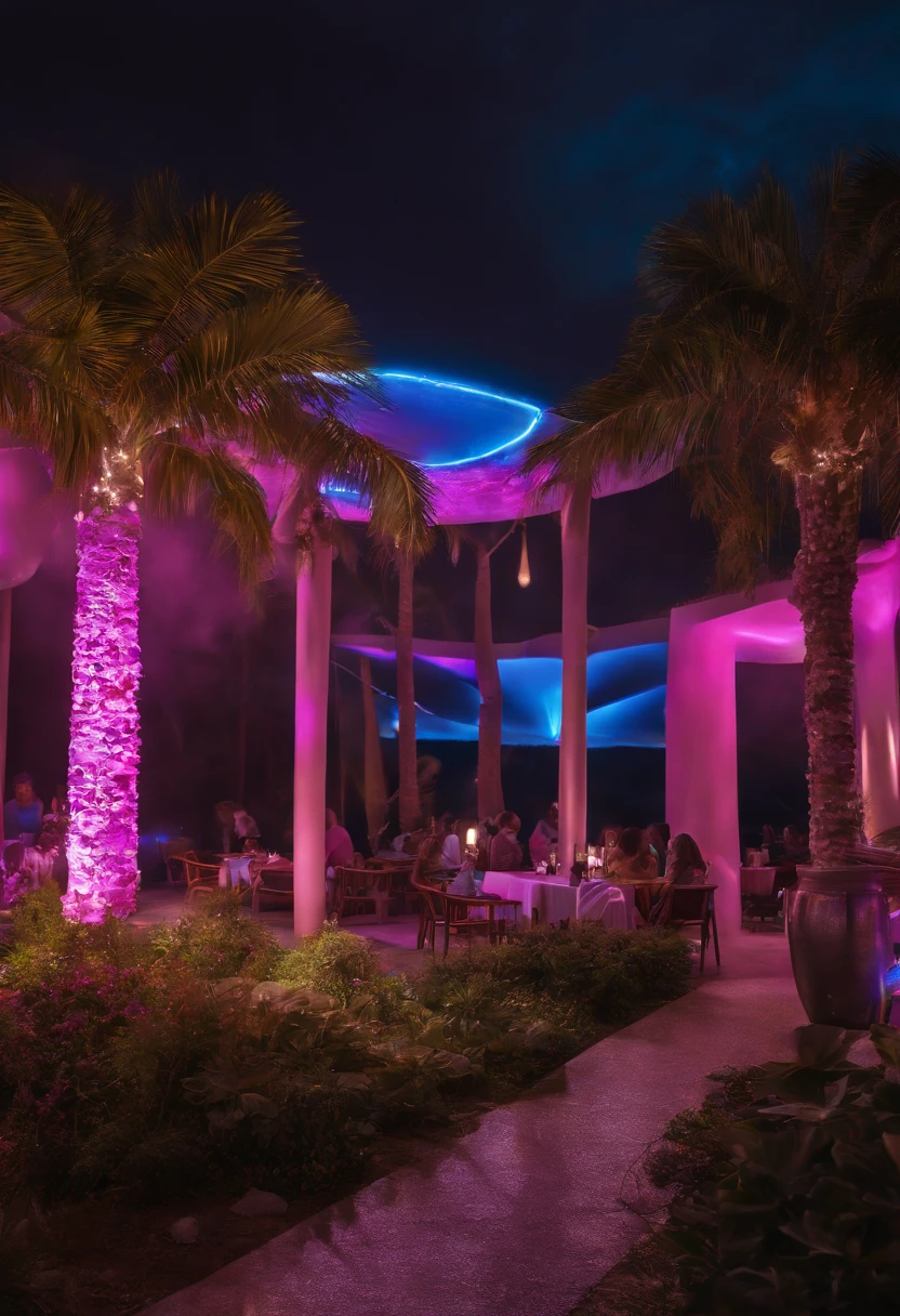 (8k、fotografia RAW、qualidade superior、obra prima:1.2)、(realisitic、fotorrealista:1.37)、(ultra-detalhada)、various drinks of evening drinks, com tons de leds azuis e rosa, people dancing in a gigantic place with universe in the background, muito realismo com a natureza iluminado por neon futurista, Com Miami Vice Cores, Neon pink and blue drinks in beautiful night in the galaxy