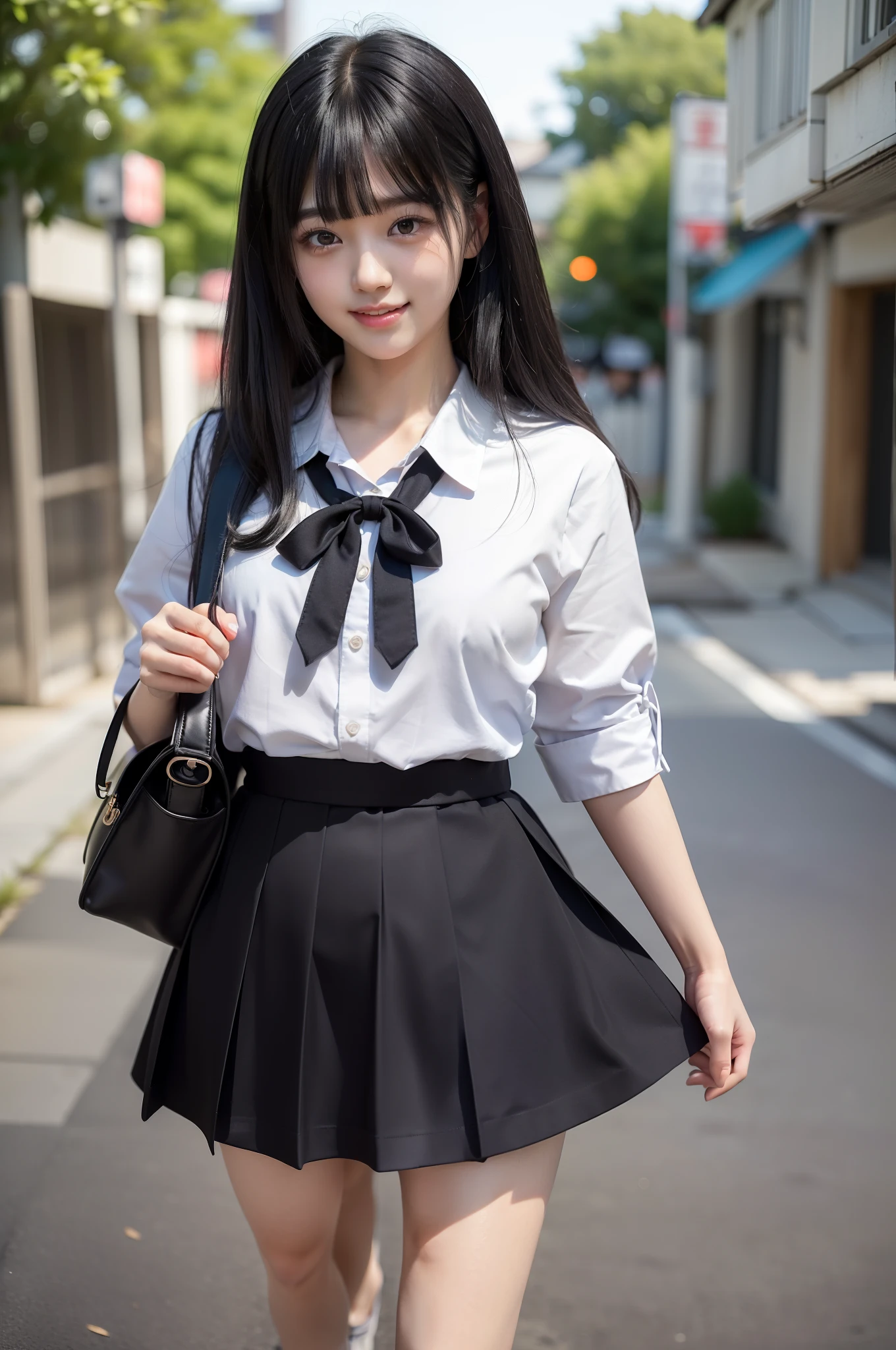 (RAW Photography、Top image quality、​masterpiece:1.2)、(Photorealsitic:1.4)、full bodyesbian、Cute Japan person、(Black hair with diagonal bangs:1.4)、校服、shortsleeves、Dark blue skirt、School Ribbon、School socks、Black loafers、((is standing:1.6))、 Look at the viewer、smil、