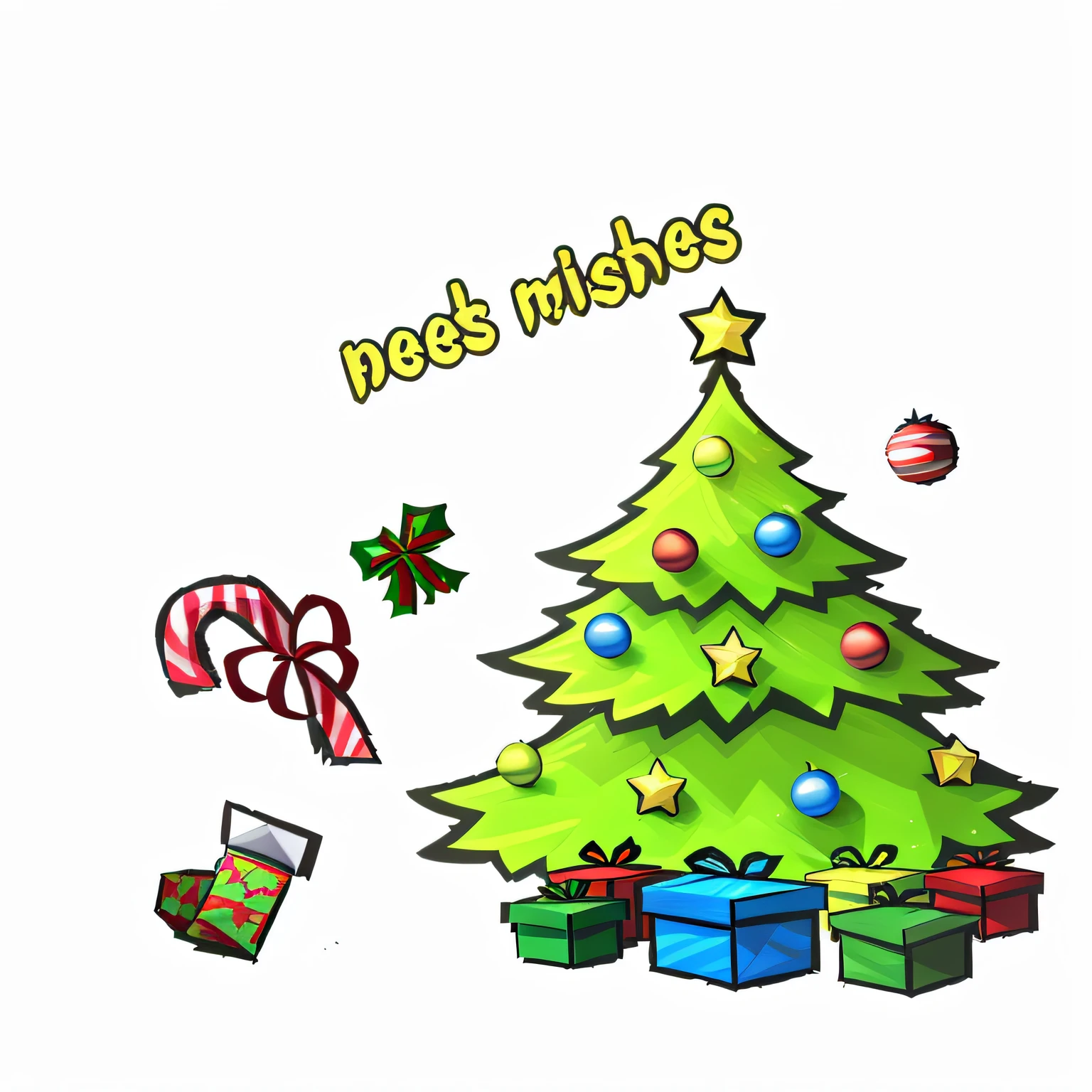 Christmas tree,Green Christmas tree,candy cane,bell,box,Multiple gift boxes。Colorful gift box,Ball decoration,Star decoration