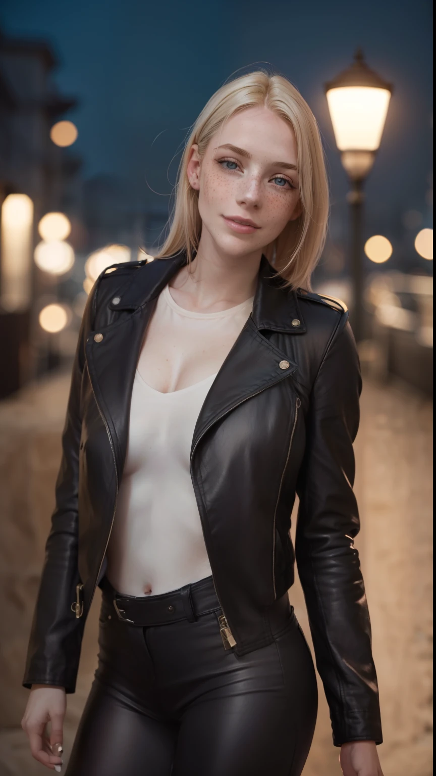 Rosto de uma mulher, americana, 25 anos, pale skin and freckles, olhos cinzas, nariz delicado, soft and delicate lips, cabelo blondie cinza longo ondulado, sorriso meigo