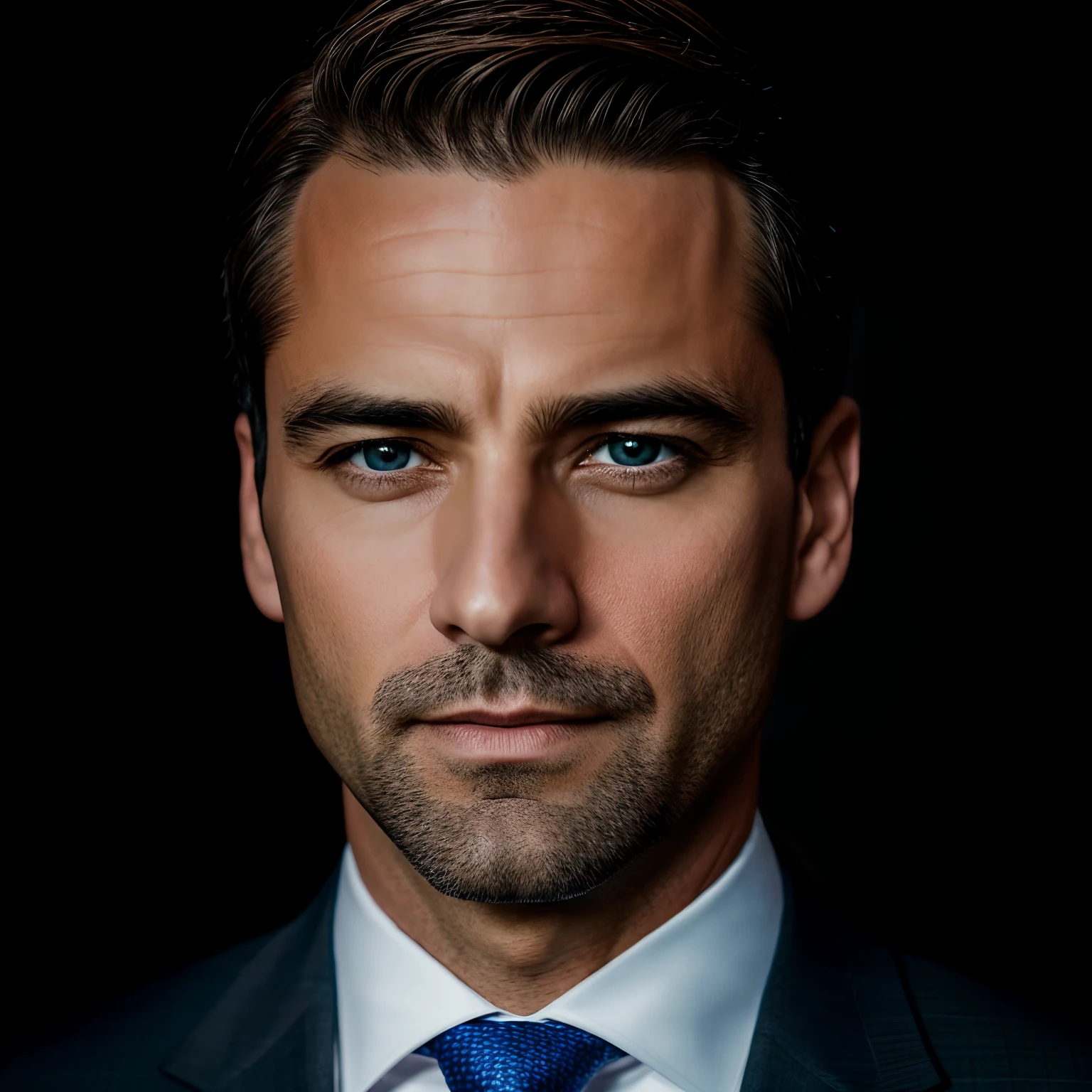a Man standing with 30 years in suit and tie, body and head straight in the photo, facing the viewer of the photo, eyes fixed to the lens, appears shoulders and head in the photo, man centered in the photo, 8k, best quality, masterpiece, realistic, realistic photo, movie photo, ultra realistic, 1 person, detailed, perfect lighting, DSRL, professional photo, 4k