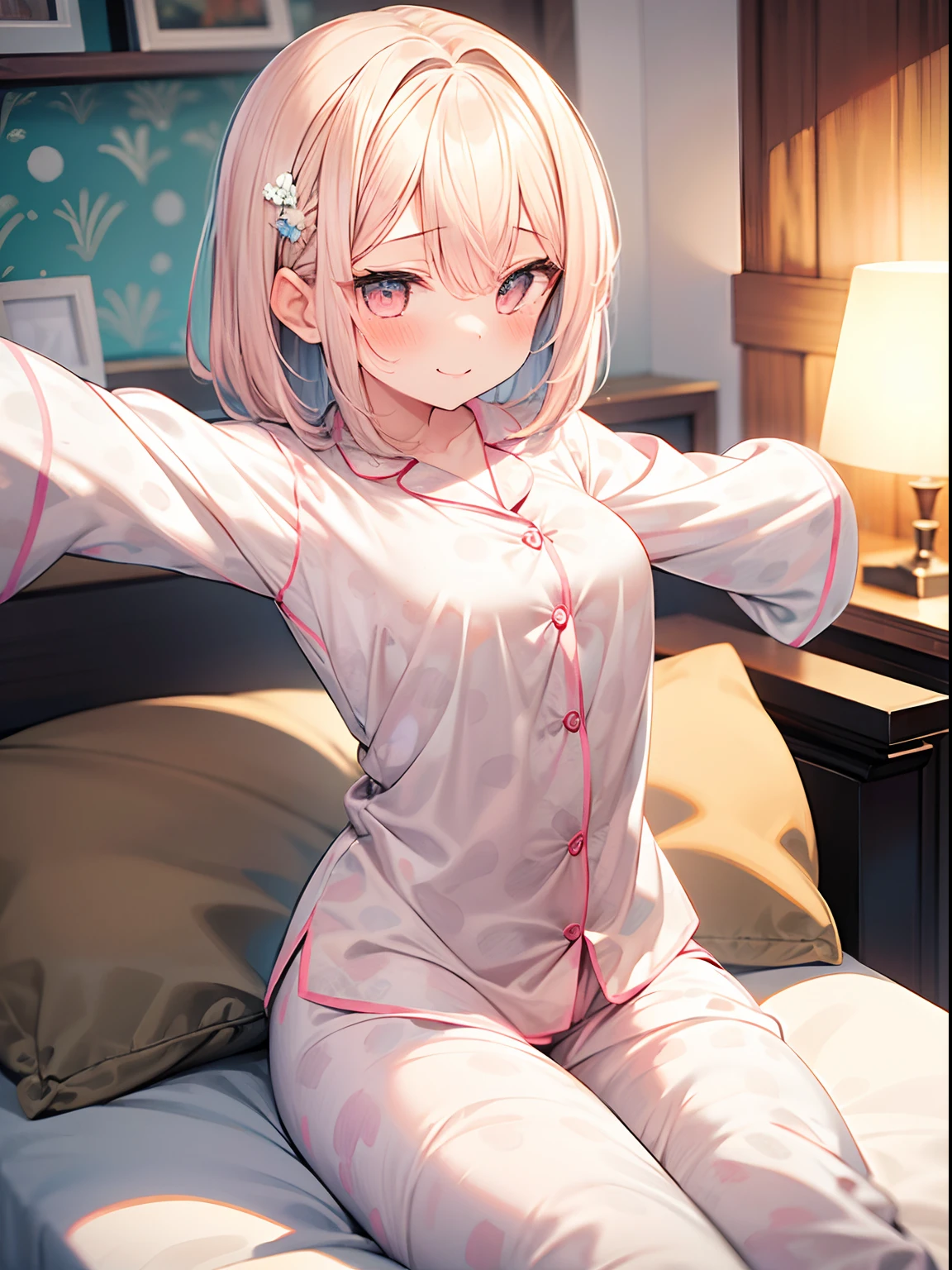 best quality, masterpiece, absurdres, highres, (1girl:1.6), (short shaggy perm hair:1.6), (light pink hair:1.5), (wearing dot pattern pajamas:1.4), fancy, best hands, perfect hands, break fancy, fancy, fancy, (flower effect:1.2), (cowboy shot:1.4), (perfect anatomy:1.3), break In a bedroom bathed in soft morning light,
BREAK
(a girl in pajamas sits on her bed:1.6),
BREAK
stretching her arms high, a look of pure relief on her face.
BREAK
The day begins anew,
BREAK
and in the background, a used alarm clock and reading lamp mark the night's transition.
