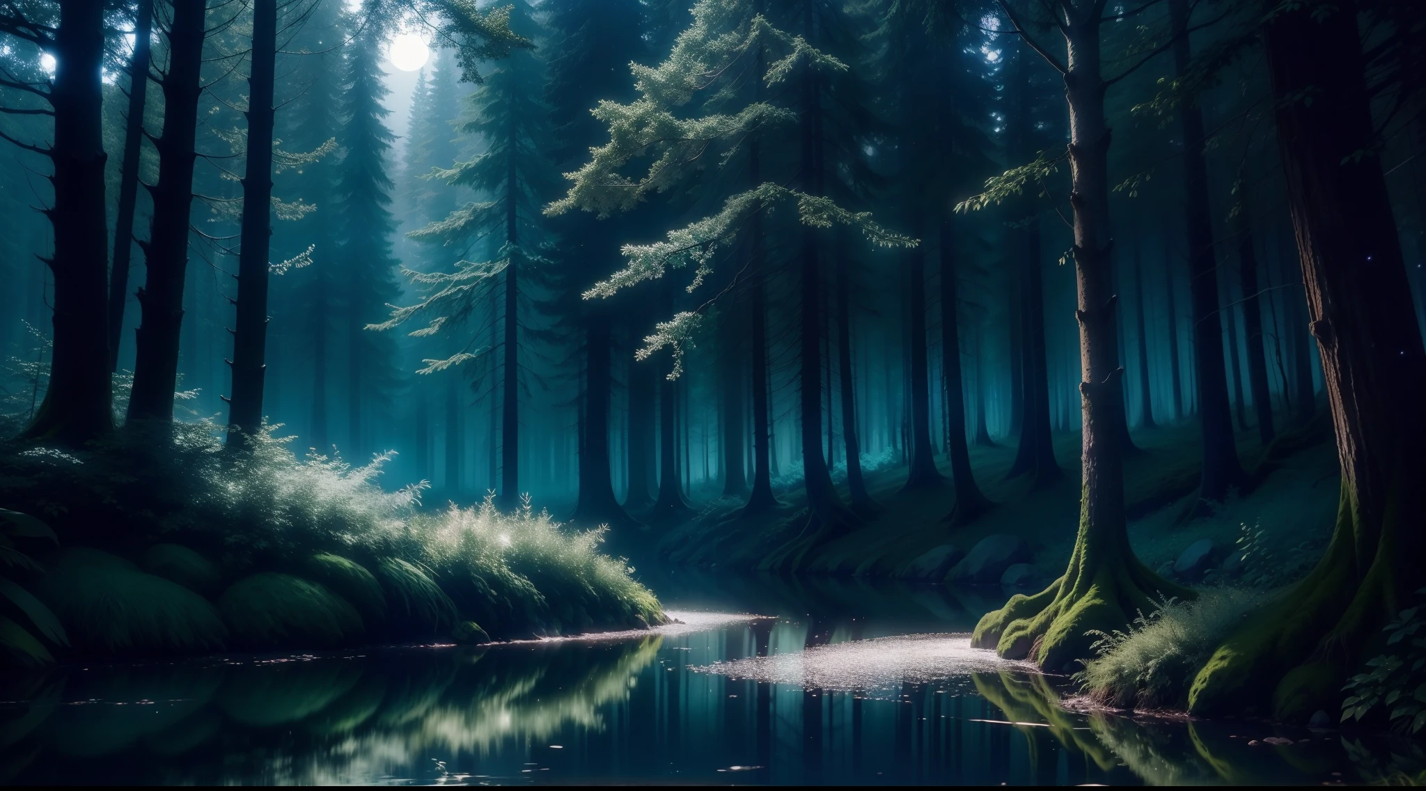 Capture the Enchanted Forest at night, bathed in silvery moonlight. Make it inviting, hinting that more adventures await within. Convey the mystical allure of the forest.