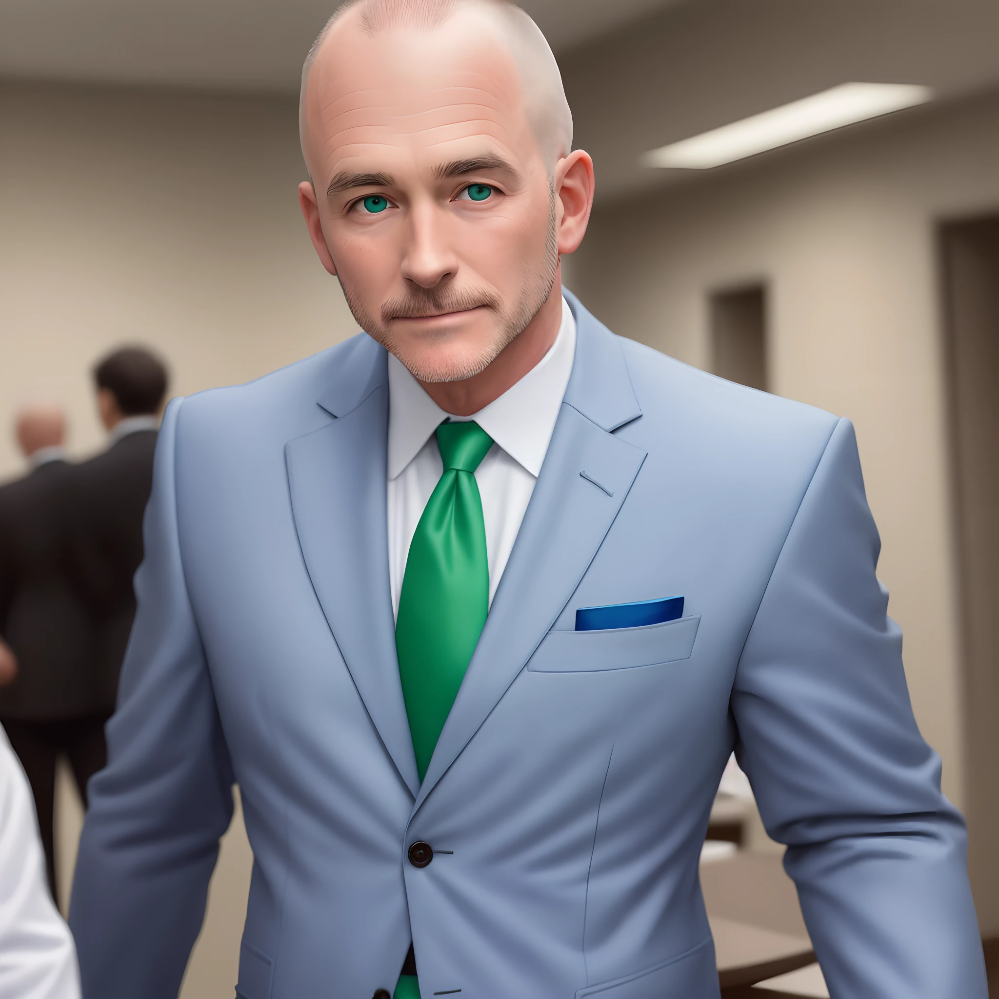 A man in a law firm wearing a blue suit red tie white shirt blue pants with little green eyes few head hairs plus some hair few head hairs approximate age 51 years
