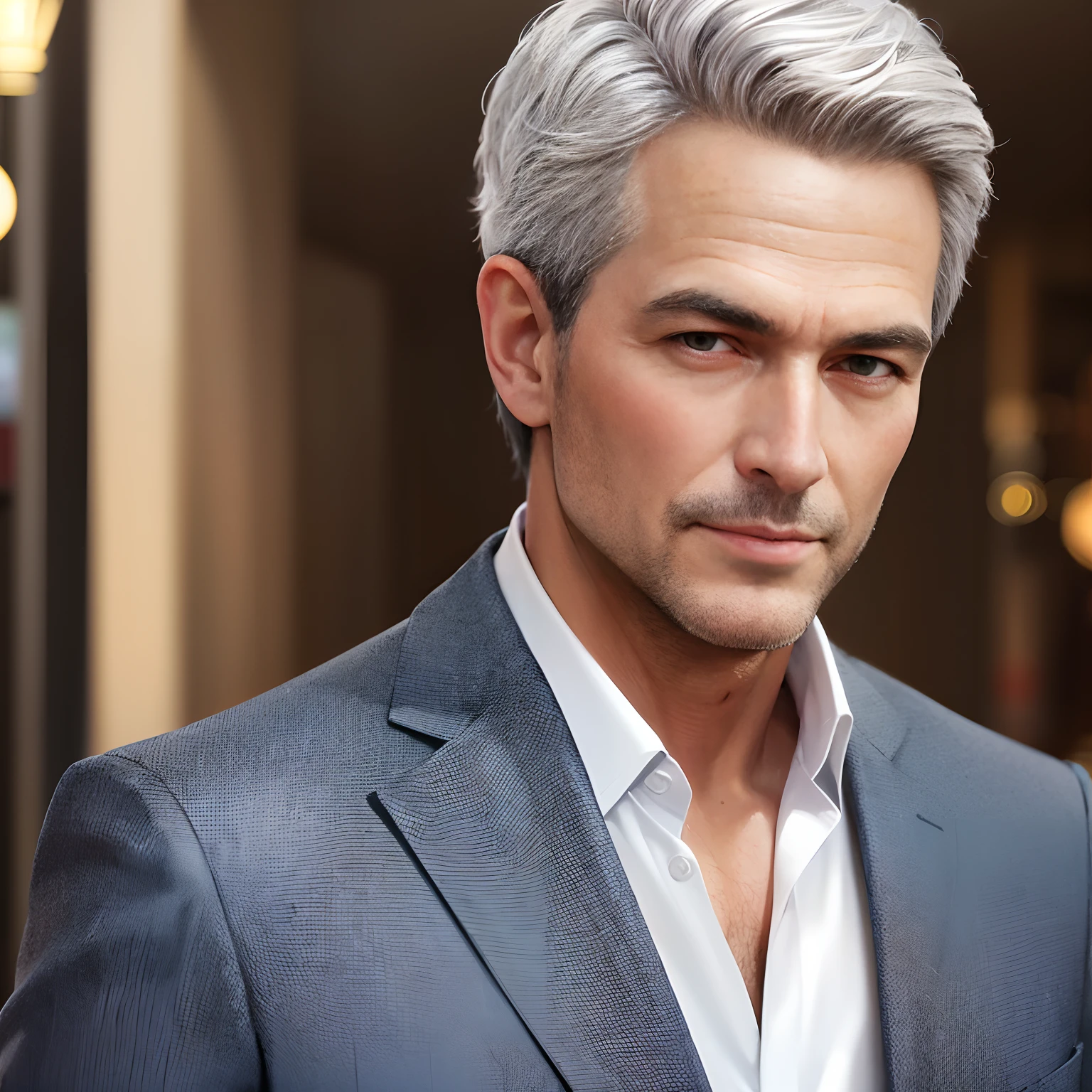 Man in suit and white shirt looking at the camera, homem de cabelos grisalhos escuros, bonito impressionante realista, 8k portrait render, fotorrealismo de alta qualidade, cabelos grisalhos, cabelos grisalhos e barba, rosto realista altamente detalhado, rosto realista detalhado, cabelos e barba prateados, Macho bonito, Cinematic realistic portrait, cabelos grisalhos velhos, Rosto altamente detalhado de 8k, homem bonito