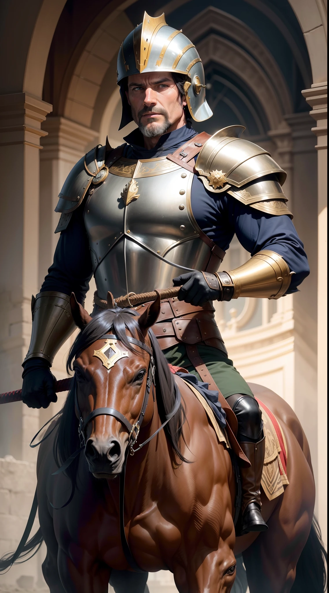 Horseman, man, wearing a full face helmet, age of 38, muscular, middle-aged, South Europe people, correct anatomy of two hands, European, 16th century, renaissance, age of exploration, holding a sword, riding on a horse, part of horse is shown, face is behind the helmet and cannot see the face, mediocre,Featureless, not impressive