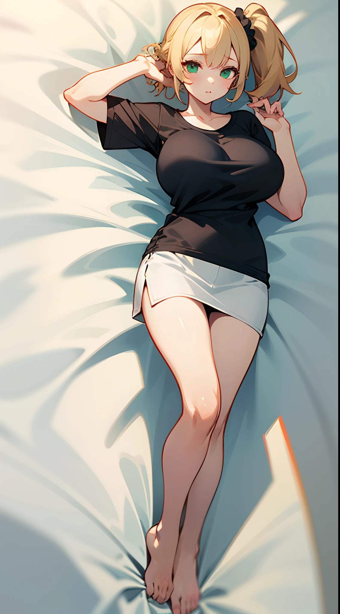 nsfw, 1 girl, game CG, brown sleeveless shirt lift, short slit skirt lift, panty lift, neck ribbon, bangle, gigantic breasts, silver hair, short hair, french braid, yellow eyes, dakimakura, full body, embarrassing ,