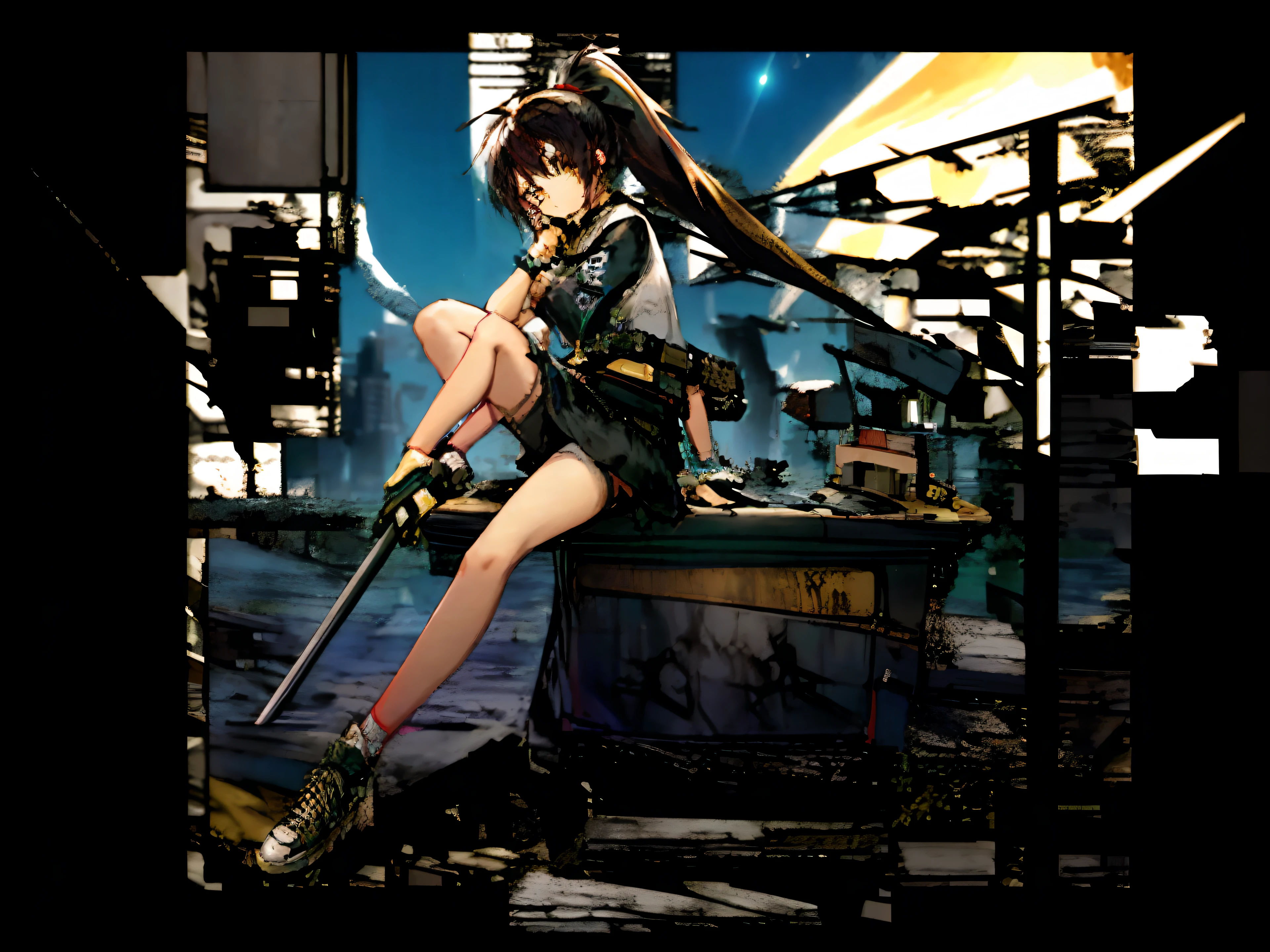 Anime girl sitting on bridge，The background is the full moon, From the Ark of Tomorrow，Ark of tomorrow style, Fine details. Girl Front, guilty gear , Best anime 4k konachan wallpaper, Ark of tomorrow，Vertical painting on the front，Black hair mixed with gray hair，Golden eyes，High ponytail，There are tear stains，Black baseball bat uniform and tights，But the lower body is wearing a short skirt，athletic sneakers，A white silk，A black thread，leg loops，slender woman，nigth，alleys