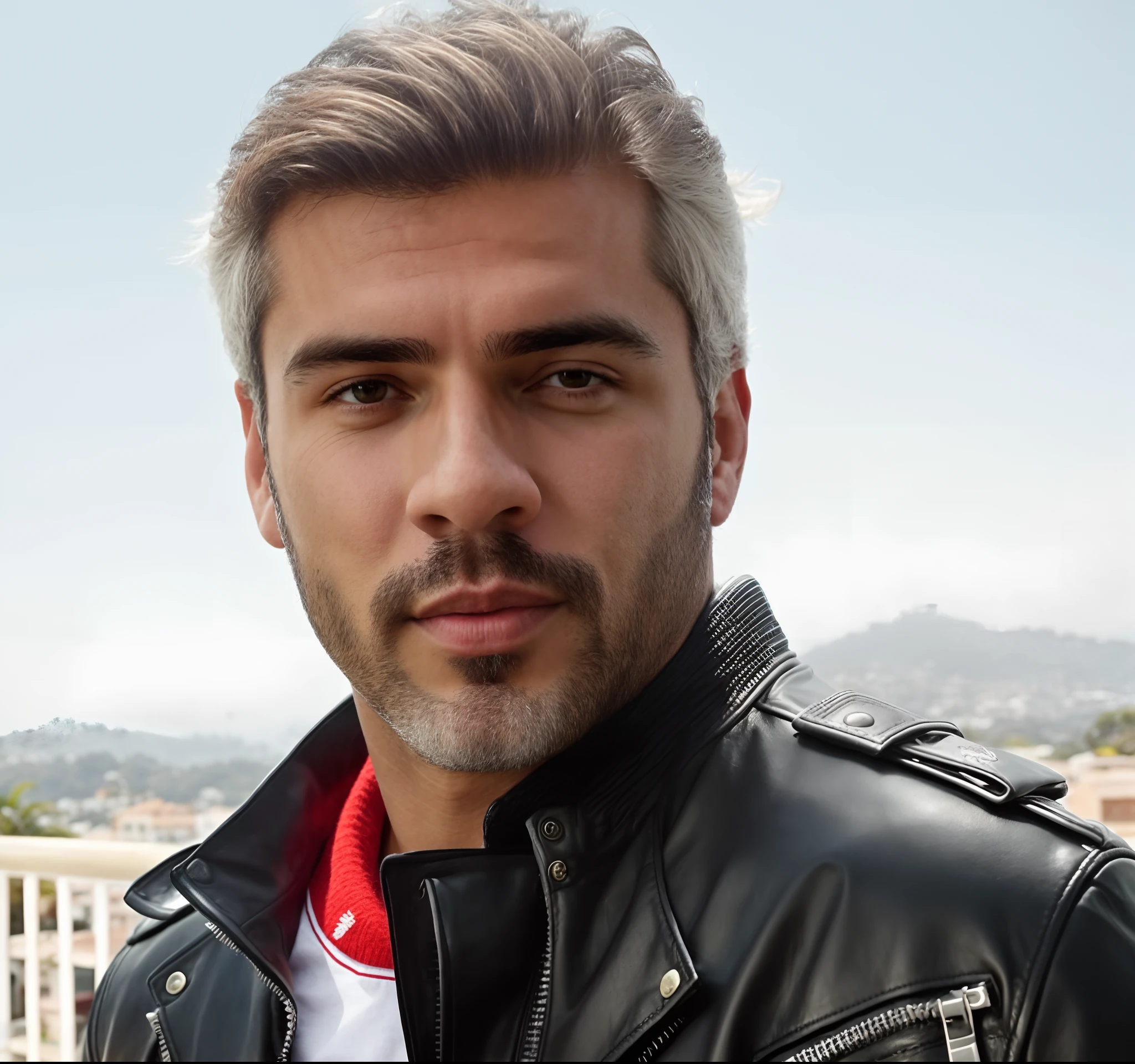 Homem de jaqueta de couro e gravata vermelha em frente a uma cerca, homem de cabelos grisalhos escuros, Pepe Moreno, ele tem cabelos grisalhos escuros, mario martinez, Pablo Perdomo, Bill Rizer, darren shaddick, danilo torres, juan jose serrano, foto de um homem branco de 50 anos, Pablo Hurtado de Mendoza