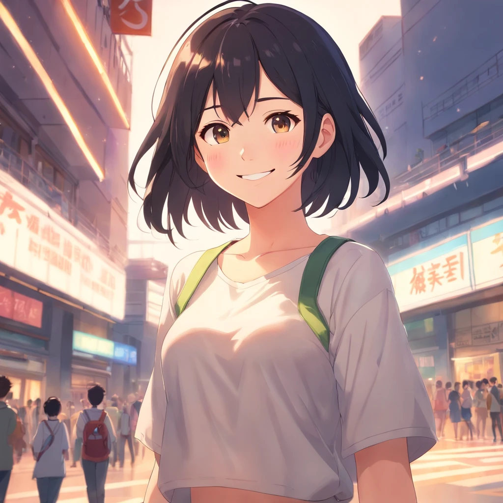 ​masterpiece,top-quality,1girl in,black hair girl,a smile,student clothes,Colossal tits