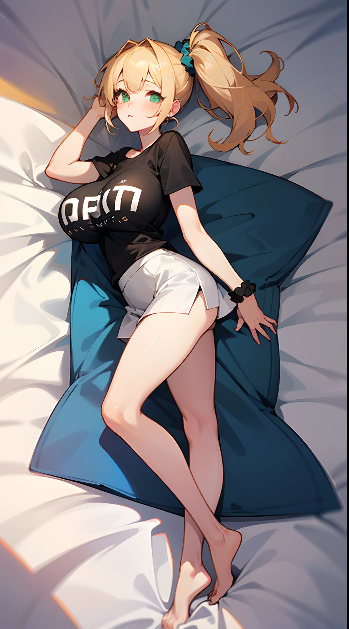 1 girl, game CG, plain black T-shirt, white short skirt, hair scrunchie, gigantic breasts, blonde, middle hair, side ponytail, green eyes, dakimakura, full body,