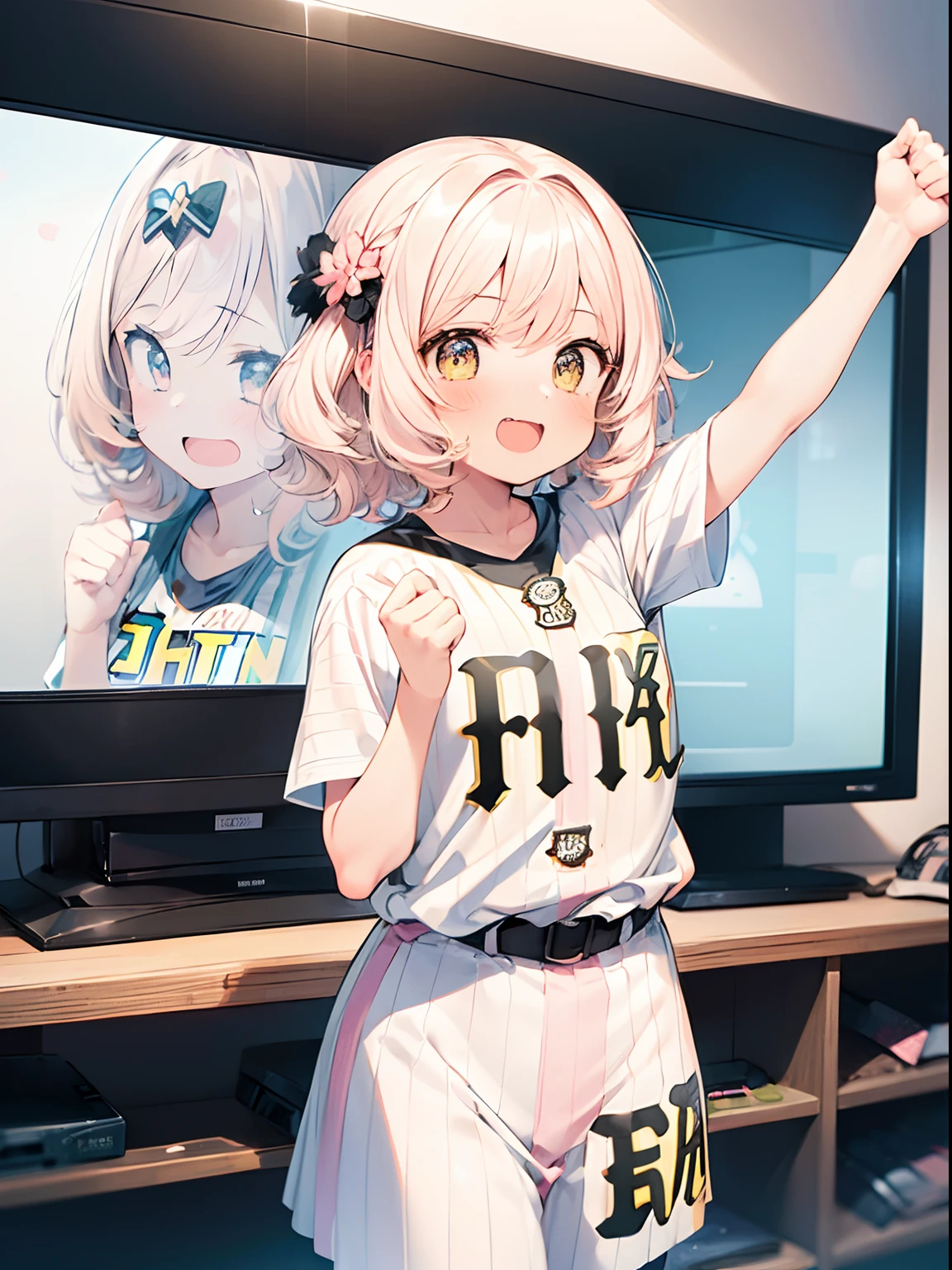 best quality, masterpiece, absurdres, highres, (1girl:1.6), (short shaggy perm hair:1.6), (light pink hair:1.5), (wearing the black vertical striped shirt:1.5), (flower effects:1.2), (cowboy shot:1.4), break (In front of a TV at home,:1.4) BREAK (a girl is enthusiastically cheering for the Hanshin Tigers:1.6). Her eyes are fixed on the screen, filled with excitement and tension. BREAK The room feels as if it's filled with the heat of the game.