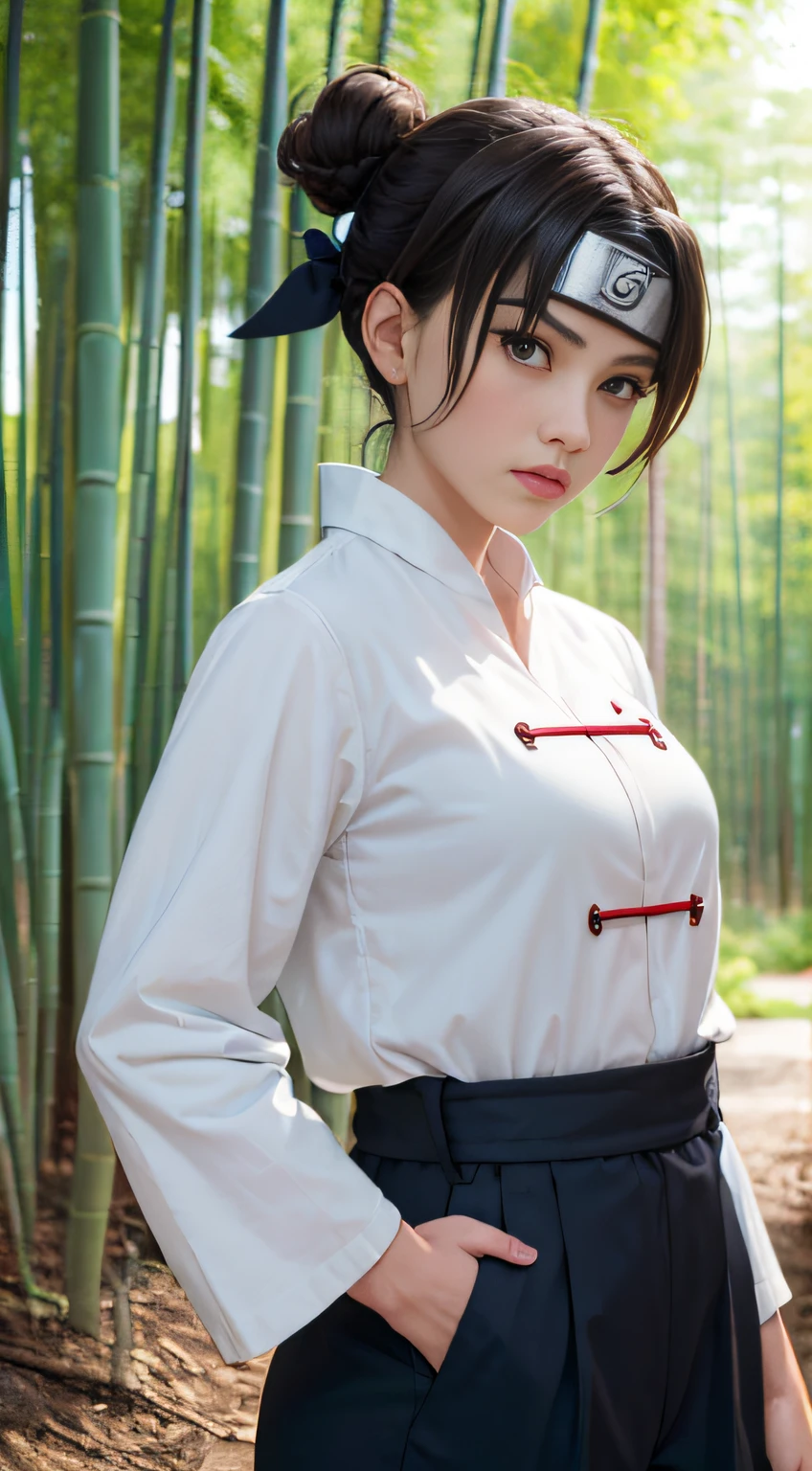 masterpiece, absurdres , (intricate details), (colorful),cinematic lighting,bust shot,extremely detailed CG unity 8k wallpaper,tenten\(shippuden\), 1girl, solo, hakama pants,white shirt, medium breasts, hand on hip,forehead protector, konohagakure symbol, headband,  looking at viewer, outdoors, bamboo forest,  frown,