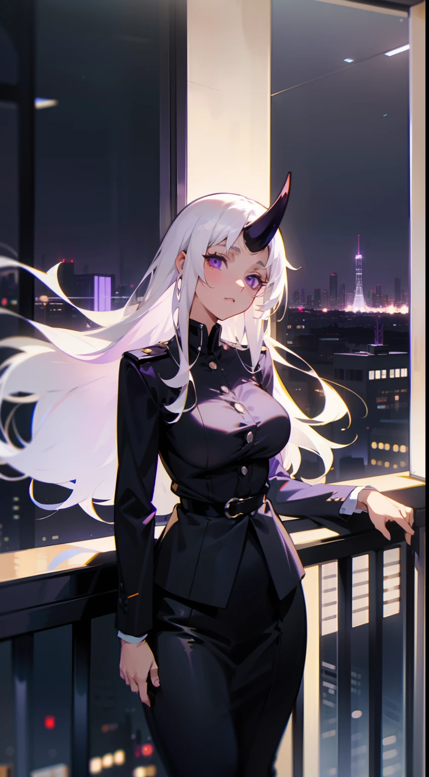 1woman,solo,40s,neutral face,teacher outfit,medium tits, white hair,long hair,purple eyes,horn,standing in the window,night city