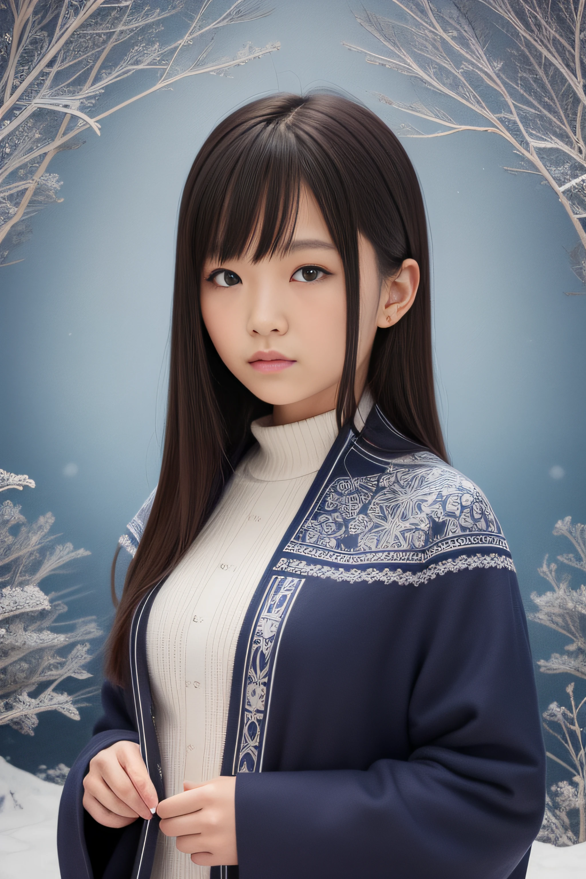 femele,Photo taken diagonally from the front left,Navy blue coat, snowscape,lu ji, a young asian woman, portrait of a japanese teen, Japan Women, Official art, Unity 8k壁纸, ultra-detailliert, Beautiful and aesthetic, High quality, Beautiful, masutepiece, Best Quality, (Zentangle, mandalas, Tangle, Entangle:0.6),
