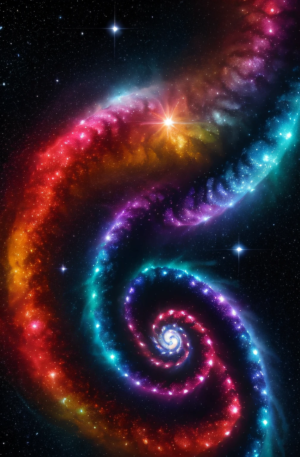 imagine um sistema solar fantasioso em espiral, com muitas nebulosas e galaxias de diversas cores