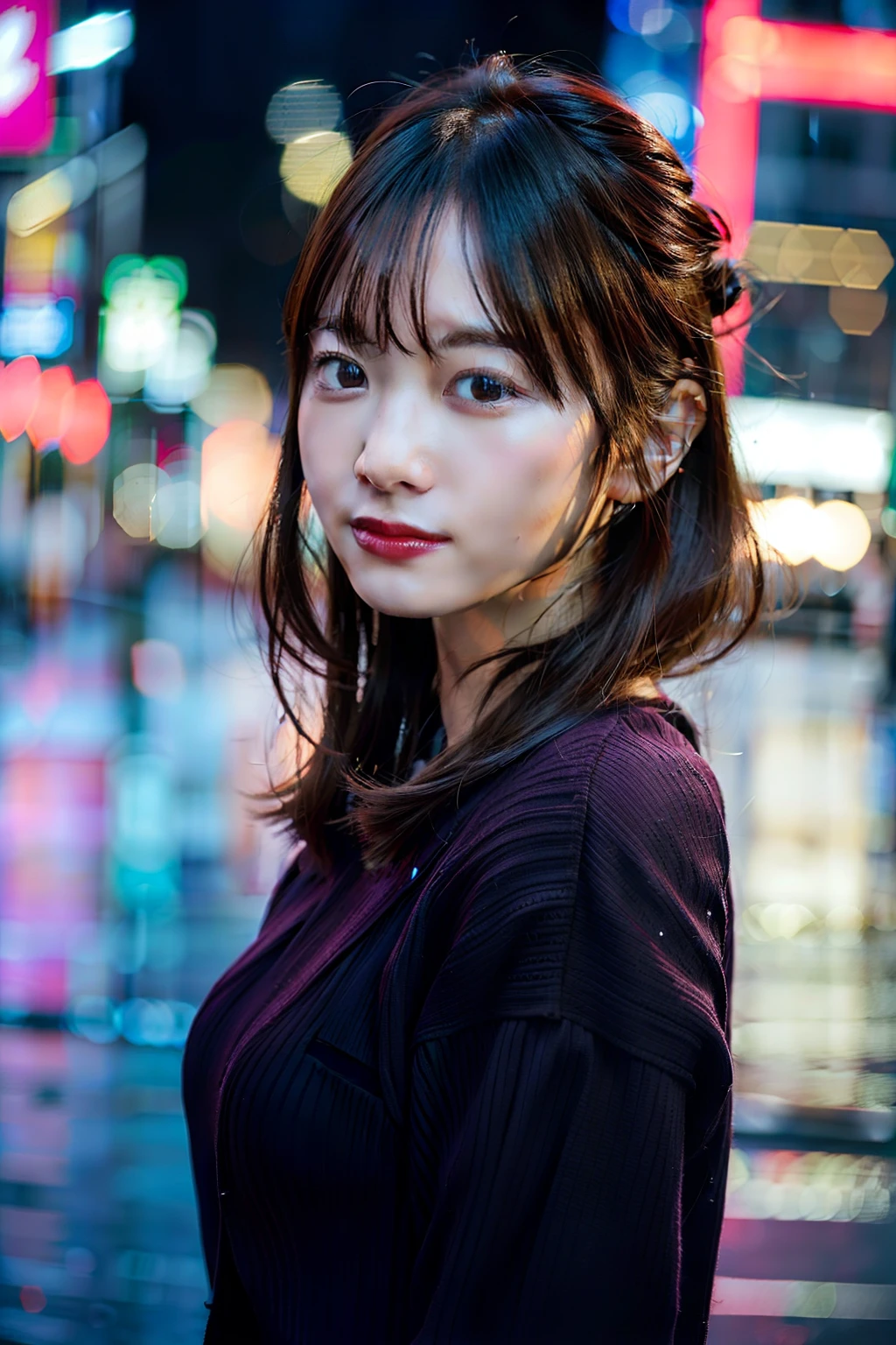 8K, Raw photo, Best Quality, masutepiece:1.2),(Realistic, Photorealsitic:1.37),on tokyo street,Night, Rain, Wet,Cityscape,Night, Cyberpunk City,Soft light,1girl in,, Extremely beautiful face,Bust,put down hands,Random hairstyle,Random hair color,Random expression,pigsney
