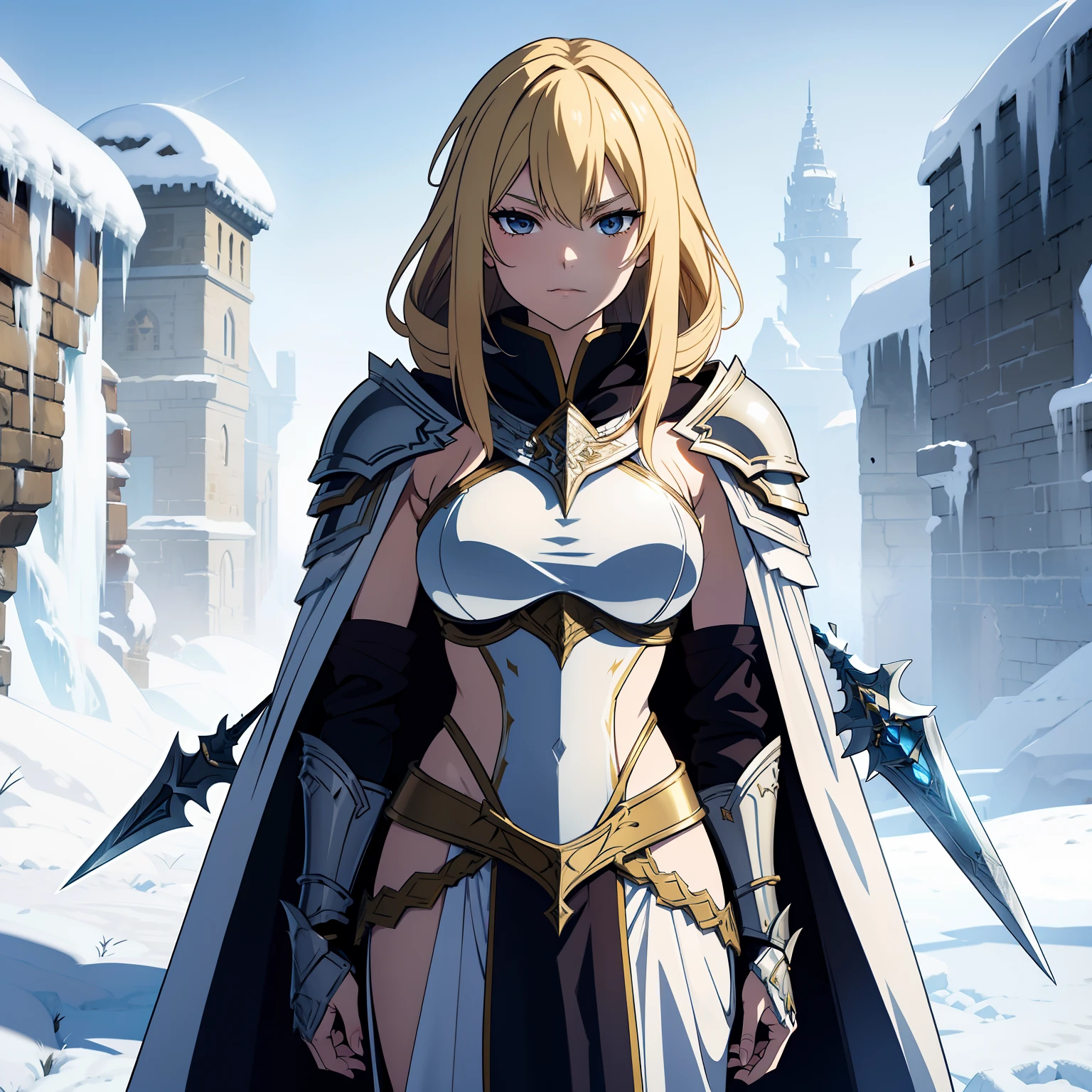 length hair、a blond、Glaring、sharp eye、Narrow-eyed、Luxurious cloak、Armor made of ice、skimpy armor、Thorny armor、Invincible laughter、large full breasts、Holding the Great Sword、