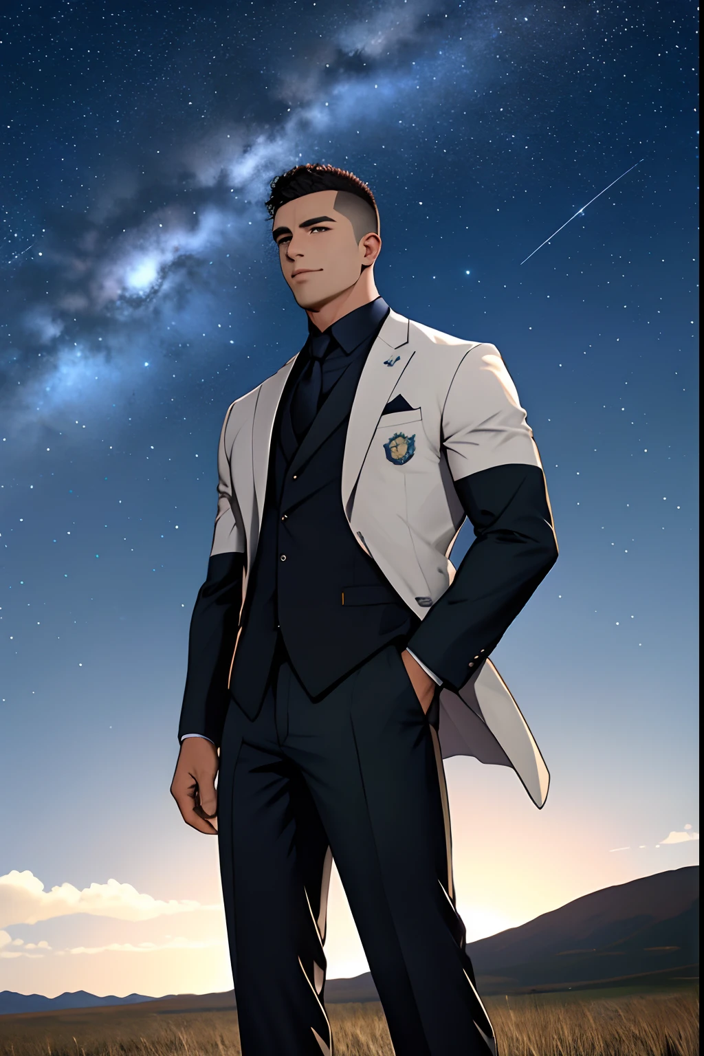 Desenhe um jogador de futebol de pleno direito,Standing on the steppe at night,Quiet and comfortable background,He wears the same suit as the country's president,O terno se encaixa perfeitamente,cara bonita,olhos com brilho,O homem parece confiante e determinado,olhando para baixo,crew cut,corpo inteiroesbian,Stars dot the sky,atirando de baixo,Lua grande destaca fundo
