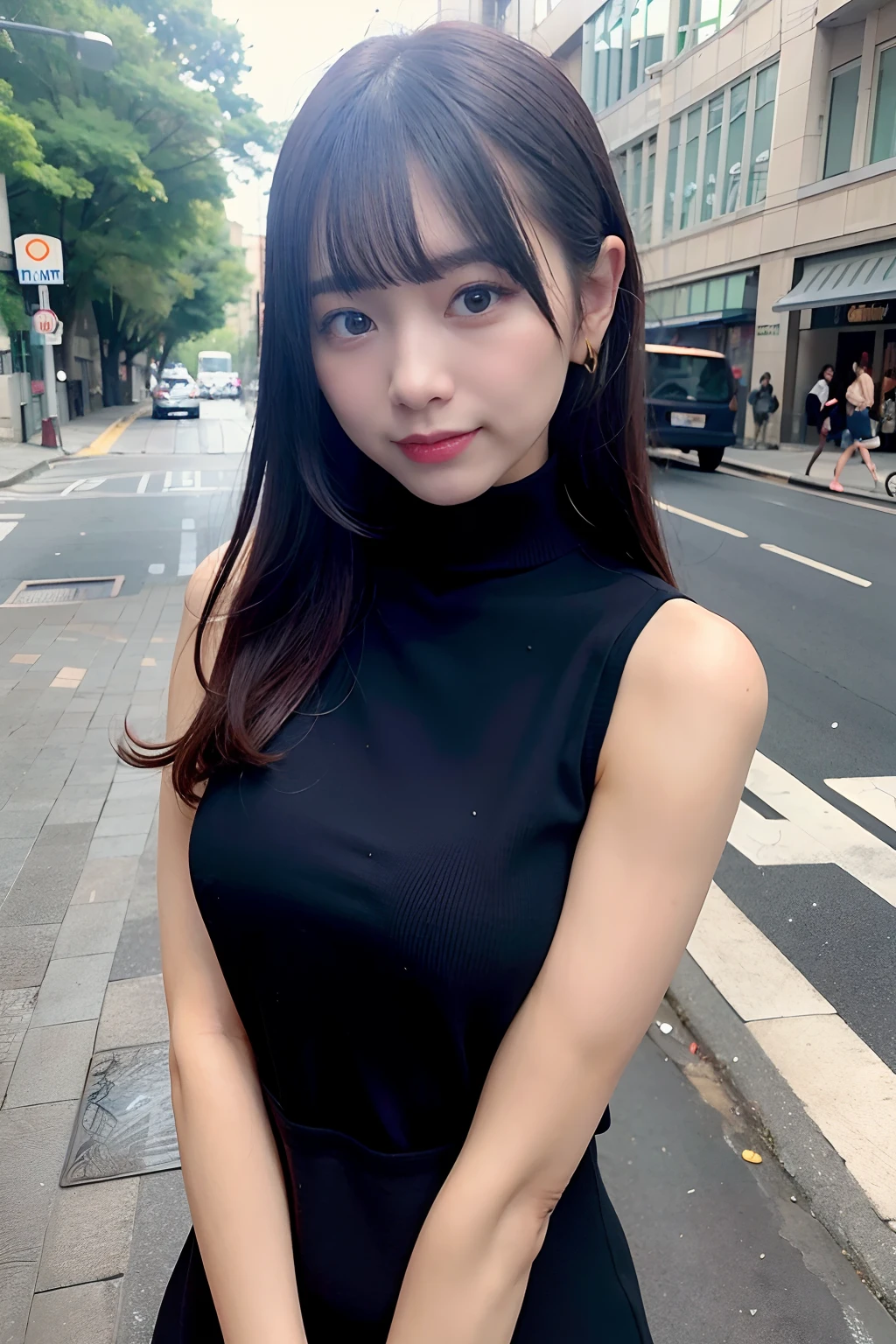 top-quality、超A high resolution、(Photorealsitic:1.4)、女の子1人、Black Dress、turtle neck、Sleeveless、looking at viewert、In the street、27yo、Long style with black hair、With bangs、de pele branca、a smile、FULL BODYSHOT、Black heels、Gold earrings、Pink lips、thin ankles、