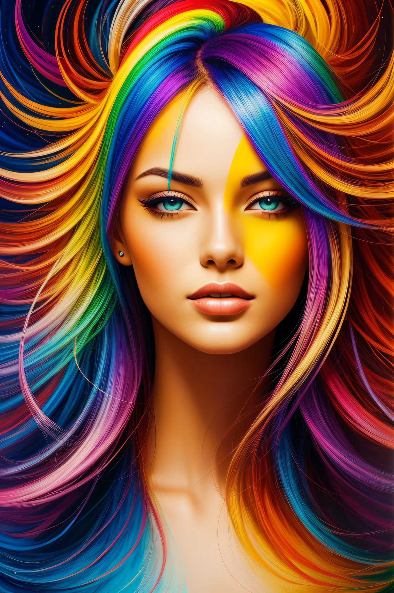 Beautiful woman fused with an unparalleled masterpiece abstract art background, her hair is rainbow colored and looks very beautiful, high resolution, high quality, photo-realistic, the best abstract painting of all time, beautiful woman, digital painting, masterpiece, Precise fingers, a symbol of creative beauty, and the theme is “the sun”