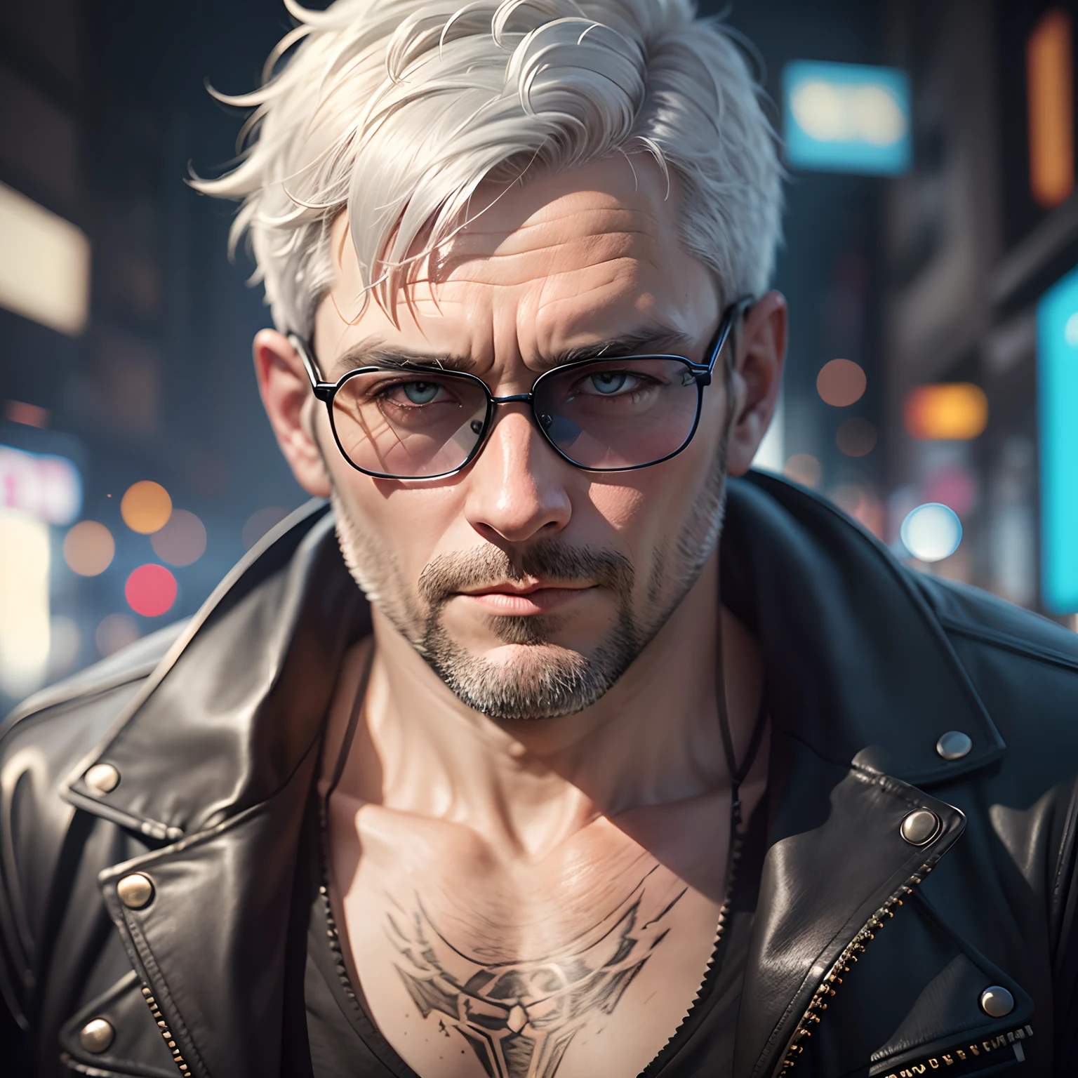 Realistic portrait, perfect coloring, vivid and real colors, a robust 40-year-old man with short white hair, wearing round cyberpunk style glasses and wearing black leather jacket with silver details, futuristic and gorgeous style, perfect
