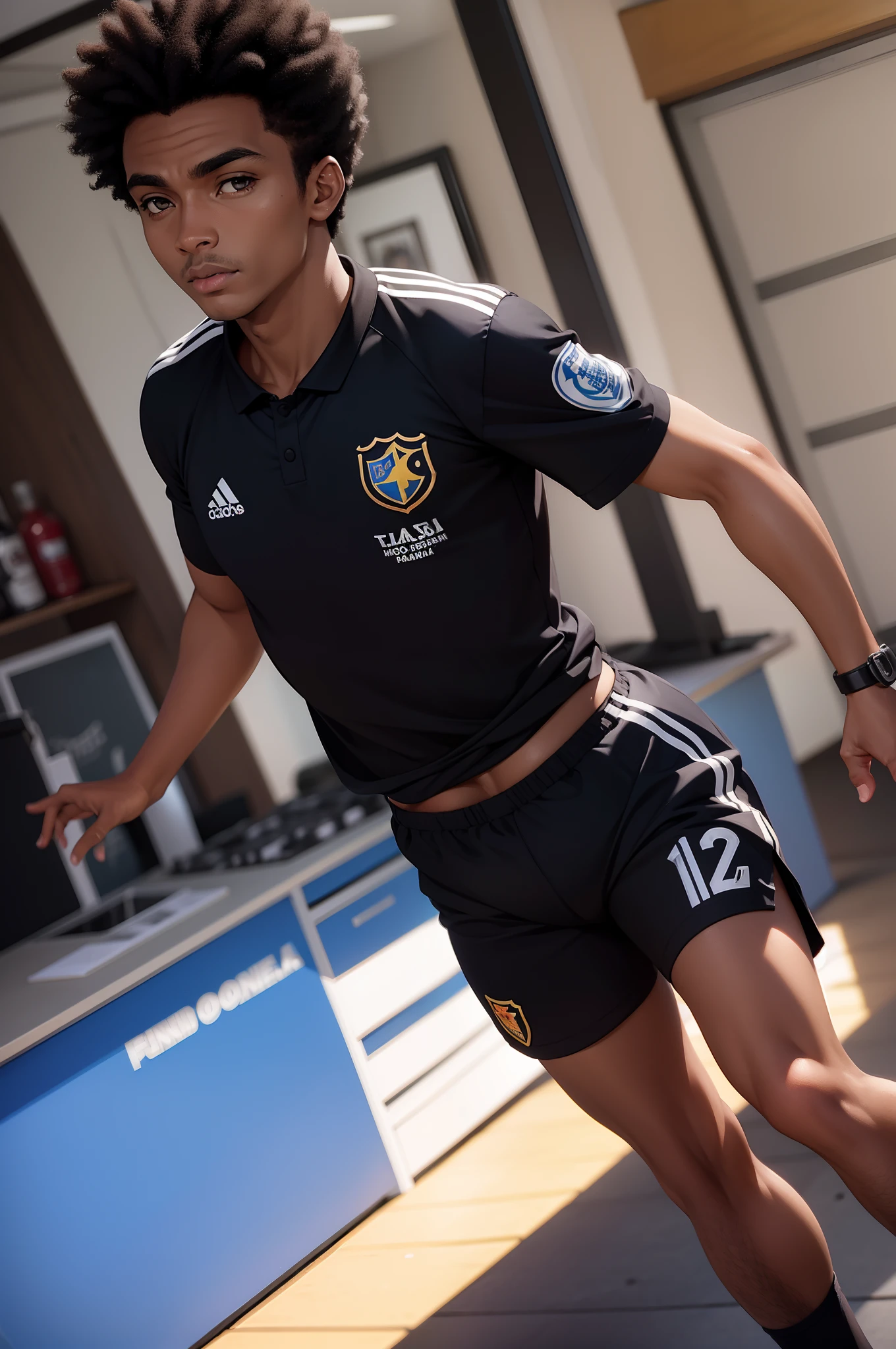 pele negra, menino anime , uniforme de futebol,(masculino)