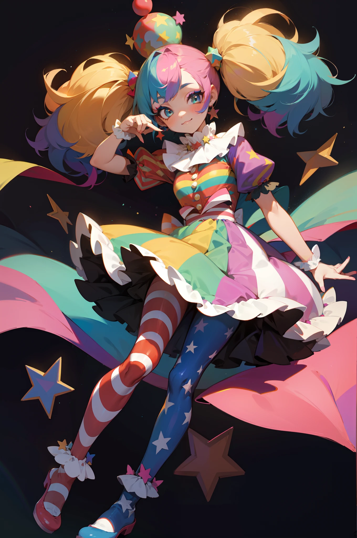 1GIRL, FULLBODY, CLOWN OUTFIT, CIRCUS ATTIRE, STARS, MISMATCHED STRIPES, MULTICOLOR, RAINBOW, FLUFFY HAIR, MAKEUP