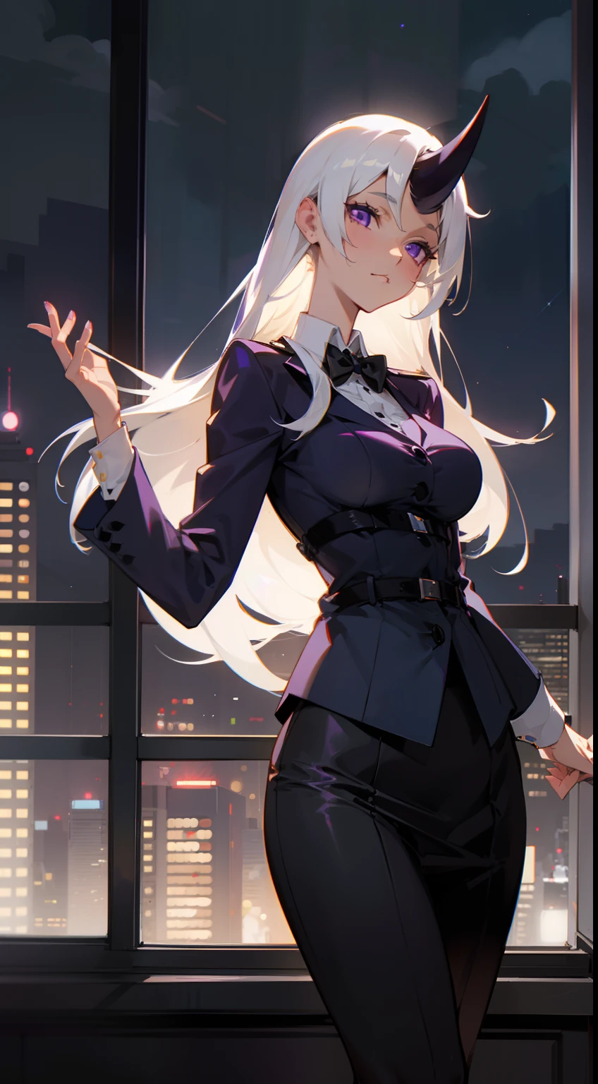 1woman,solo,40s,neutral face,teacher outfit,medium tits, white hair,long hair,purple eyes,horn,standing in the window,night city