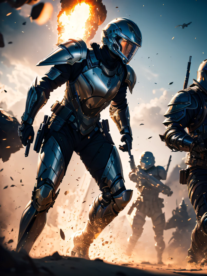 hight resolution、​masterpiece、top-quality、ultra-detailliert、​masterpiece、foco nítido、lighting like a movie、One adult woman、Full body depiction、Black reinforced armored suit for troops with complex patterns、Helmet that covers the head and face、With full face shield、full armor、Full Face Armor、Black combat goggles、Gun firing、glint、sky at night、 battle field、detailed face depiction、Detailed hand depiction、watching at viewers、Dynamic action