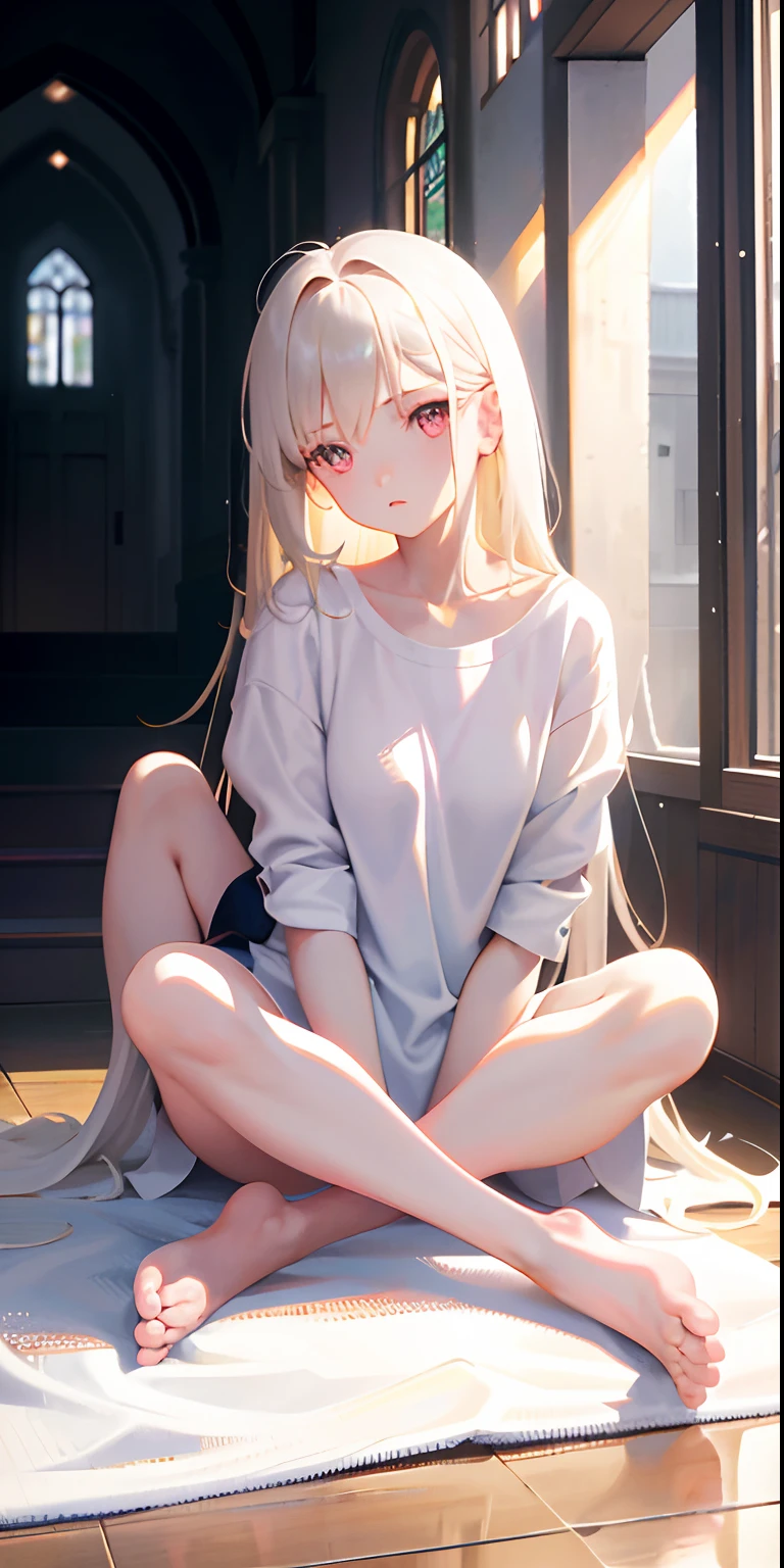 a 18 year old girl,tmasterpiece,Shy face,length hair,white shirt,No bra,Didn't wear panties,The lower body is bare,Bare legged,Barefoot,sitting down on the floor,Snow White skin,cloudy day,With beige hair,Pink eyes,thick thight