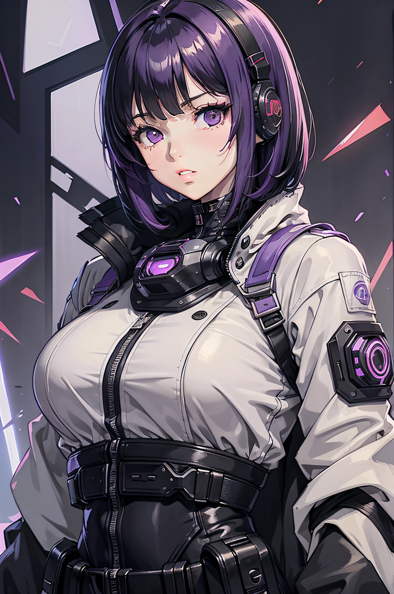 solo, lucy (cyberpunk), short hair, parted lips, bangs, looking at viewer, upper body, 1girl, jacket, black background, purple eyes, bodysuit,white hair,