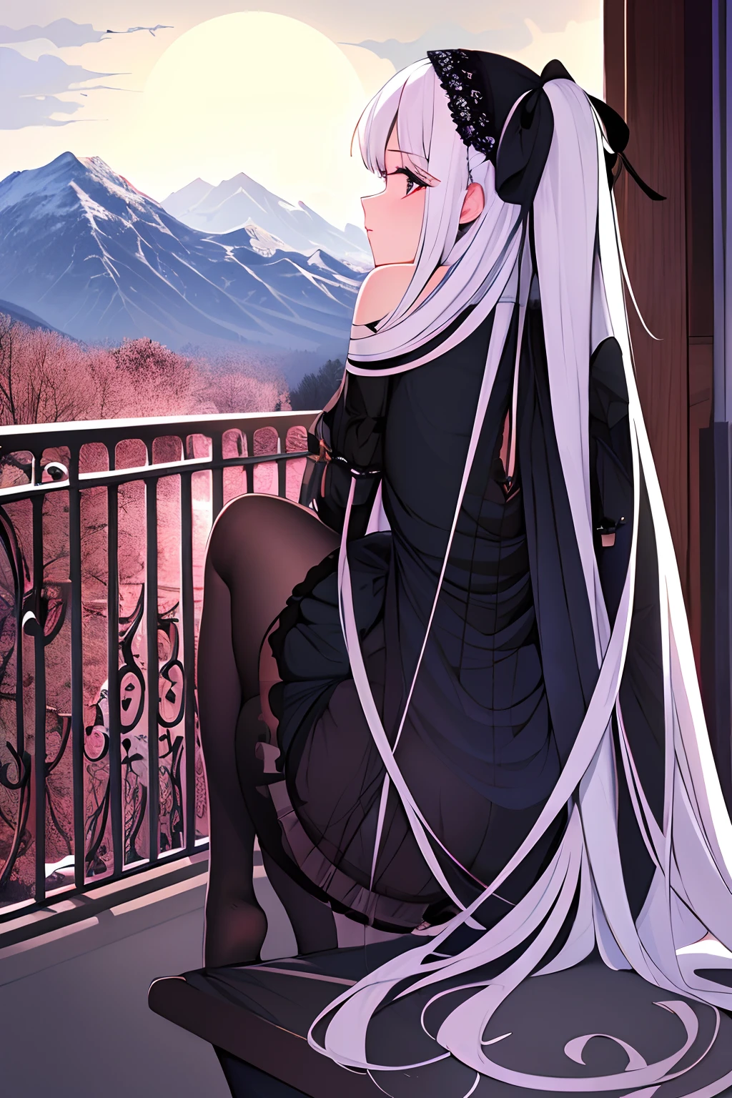(best quality:1.3),(masterpiece:1.1),(illustration:1.2),(ultra-detailed:1.2),beautiful detailed eyes,(Gothic:1.2),
(Extremely detailed background:1.1),(forest:1.2),(mountain), night, moon,castle on the distant mountain,
(bent over:1.3),(butt:1.2),looking back, (raise butt:1.2),(close to the butt:1.3),
(1girl in Balcony:1.4),Balustrades on balcony,(wariza:1.2),(sitting:1.3)
(1girl:1.3),(solo:1.3),(white hair),(long hair:1.1),full body,black stocking,
tulle,dress,Bodysuit,back cutout,clothing cutout,