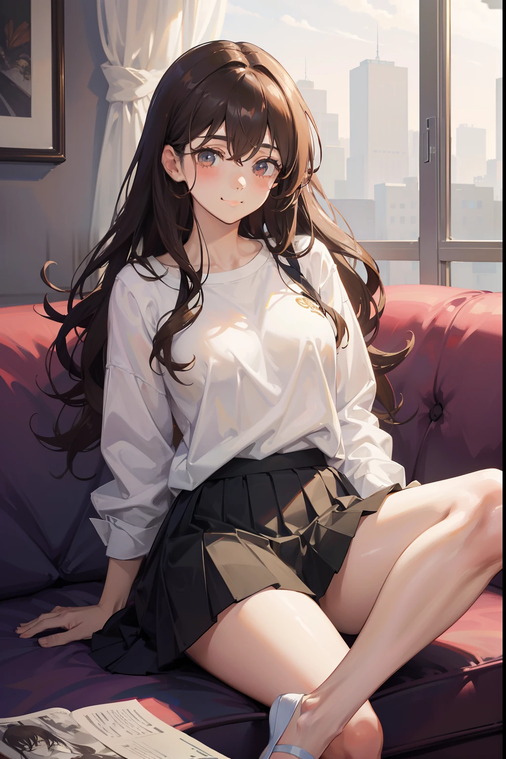 Masterpiece Beautiful calm complex portrait of a very realistic anime girl, Narrow eyes with messy wavy hair are shy and smile well, wearing casual clothing, a short skirt, white thighhig,Relax on the sofa, Detailed face and eye soft focus, Brown detailed hair, large full breasts,8 K, Herakli Hyper was a detail, A hyper-realistic