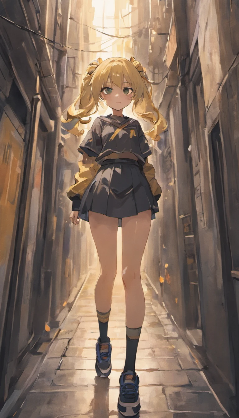 Vertical painting on the front，Black hair mixed with gray hair，Golden eyes，High ponytail，There are tear stains，Black baseball bat uniform and tights，But the lower body is wearing a short skirt，athletic sneakers，A white silk，A black line，leg loops，slender woman，nigth，alleys