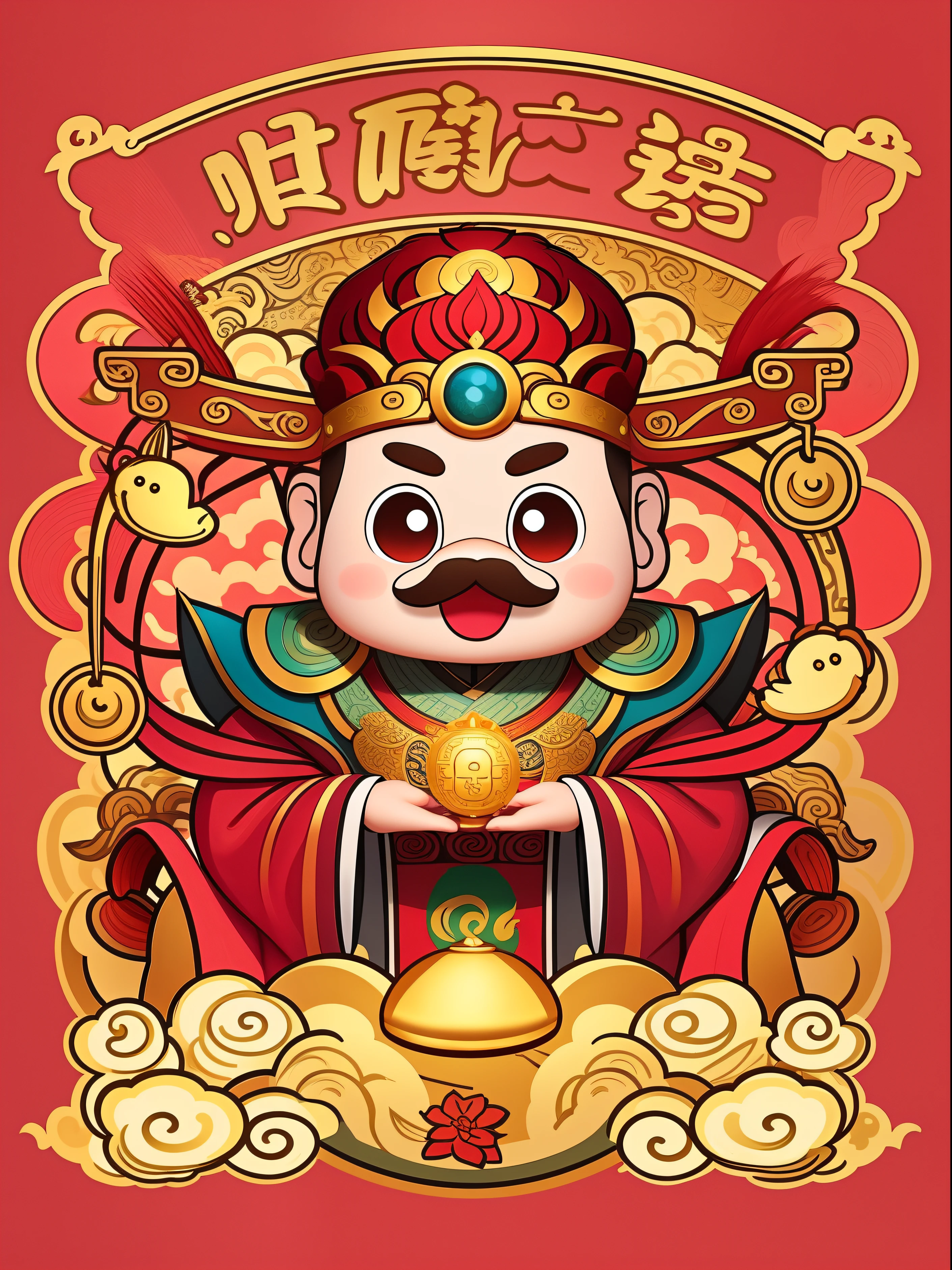 The God of Chinese Prosperity author:Atbi, God of Wealth, the god emperor of mankind, inspired by Park Hua, Journey to the West. Pop art, Monkey king, an ancient Chinese goddess, chinese empress, hand painted cartoon art style, ancient china art style, inspired by Luo Ping, inspired by Dong Yuan, A beautiful artwork illustration, The king of artificial intelligence art