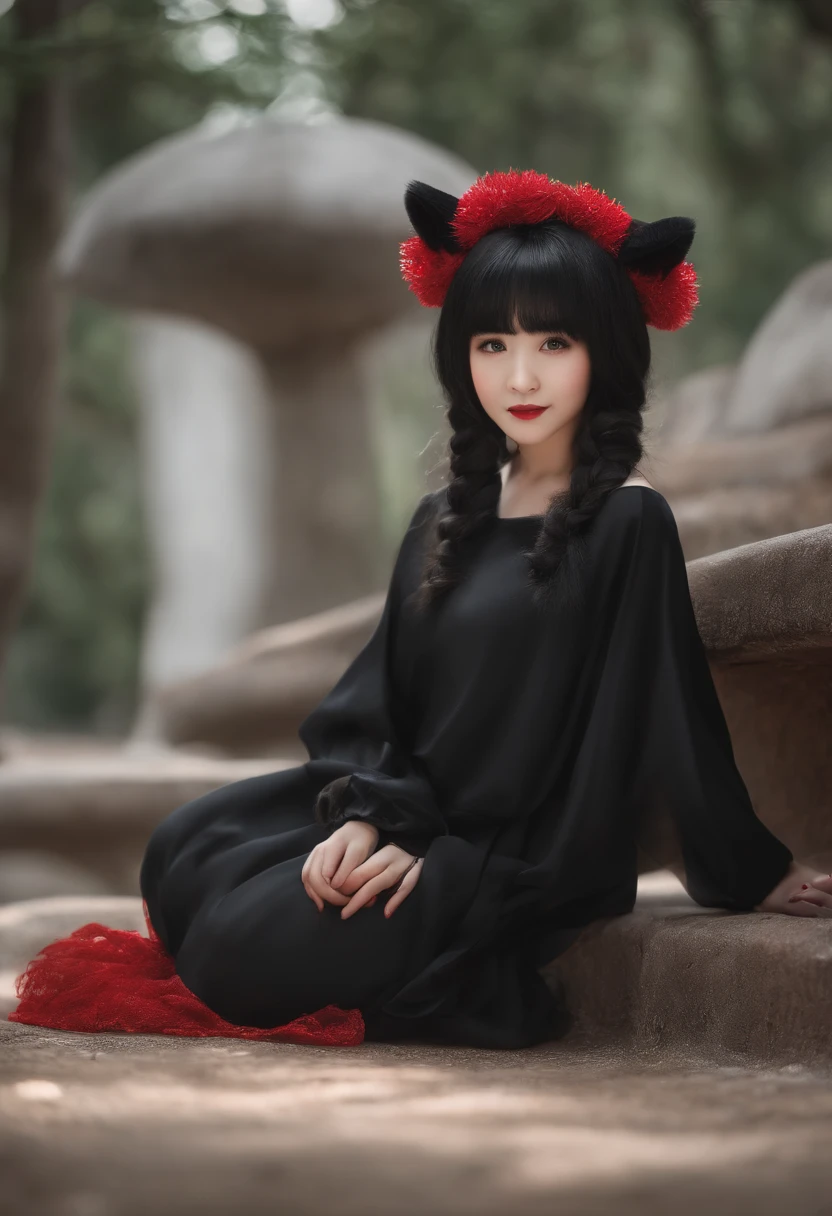 black hair, hair bobbles, wince, longeyelashes, solid circle eyes, fake animal ears, light smile, ear blush, fang, Surrealism, drop shadow, anaglyph, stereogram, tachi-e, pov, atmospheric perspective, 8k, super detail, ccurate, best quality