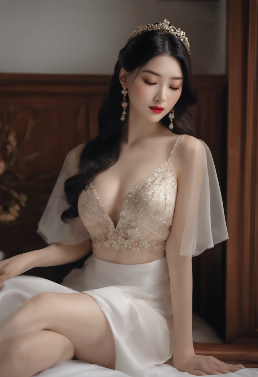 ((top-quality、in 8K、masterpiece:1.3))、Beautuful Women、Hide your face、1girl in、beutiful breast:1.3、Slender Abs:1.1、Camisole、cleavage of the breast、Long Black Hair、(While sitting on the bed)、hyperdetailed face、very detailed lips、A detailed eye、二重まぶた、Beautiful Legs 1.9、komono、Kimono 1.8