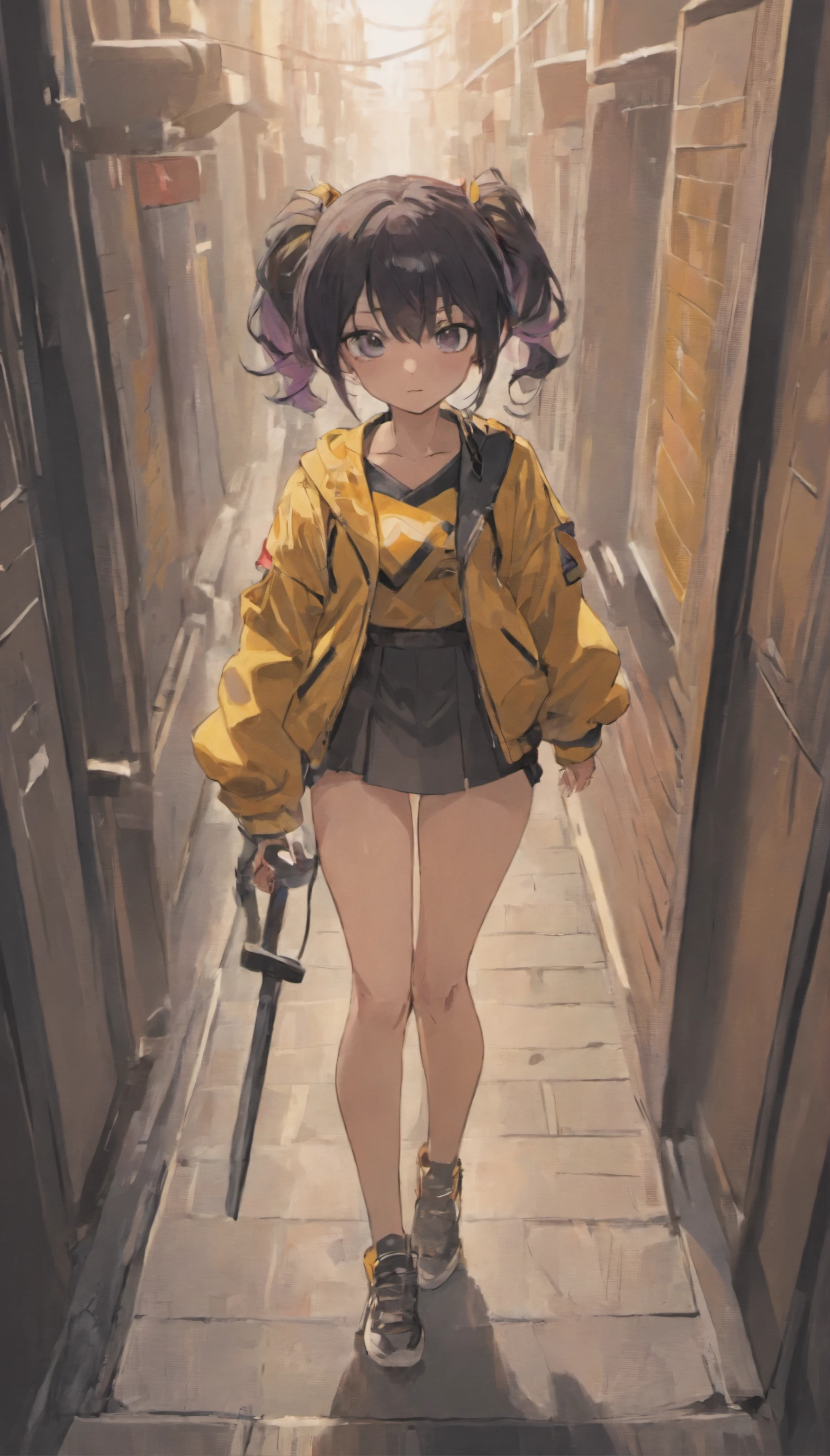 Vertical painting on the front,Black hair mixed with gray hair,Golden eyes,High ponytail,There are tear stains,Black baseball bat uniform and tights,But the lower body is wearing a short skirt,athletic sneakers,A white silk,A black line,leg loops,slender woman,nigth,alleys